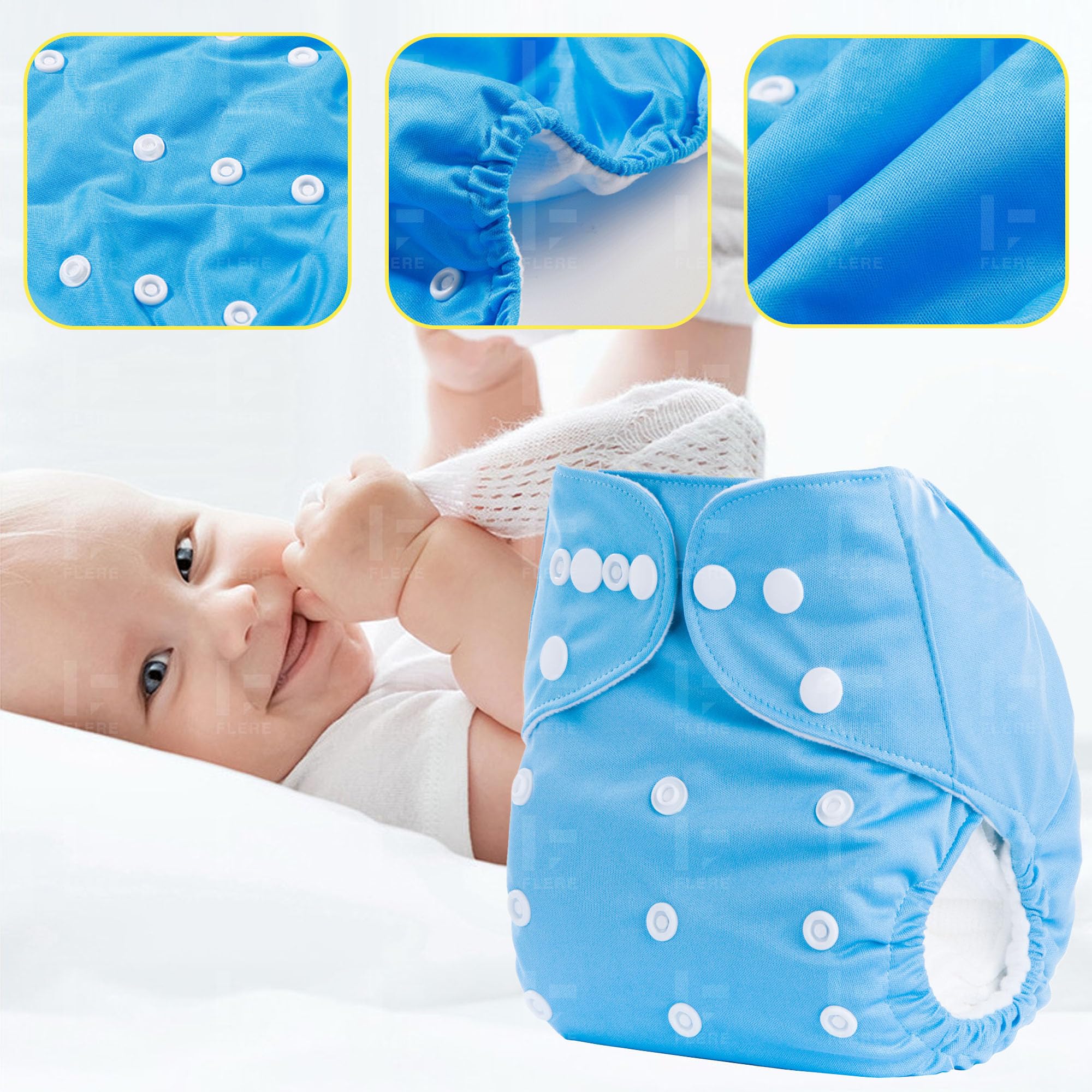 Flere Reusable Baby Cotton Cloth Diapers - Adjustable & Washable with Insert Pads for 0-3 Years | Soft, Waterproof & Eco-Friendly (Multicolor, Pack of 4) - Image 4 thumbnail