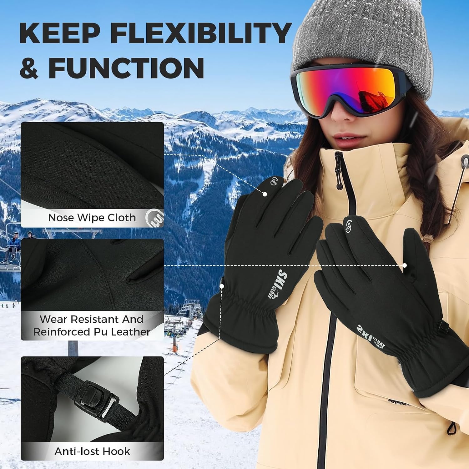 ZENUTA Waterproof Winter Ski Gloves，Warm Snowboarding Glove for Men and Women Workout with Touchscreen Fingers
