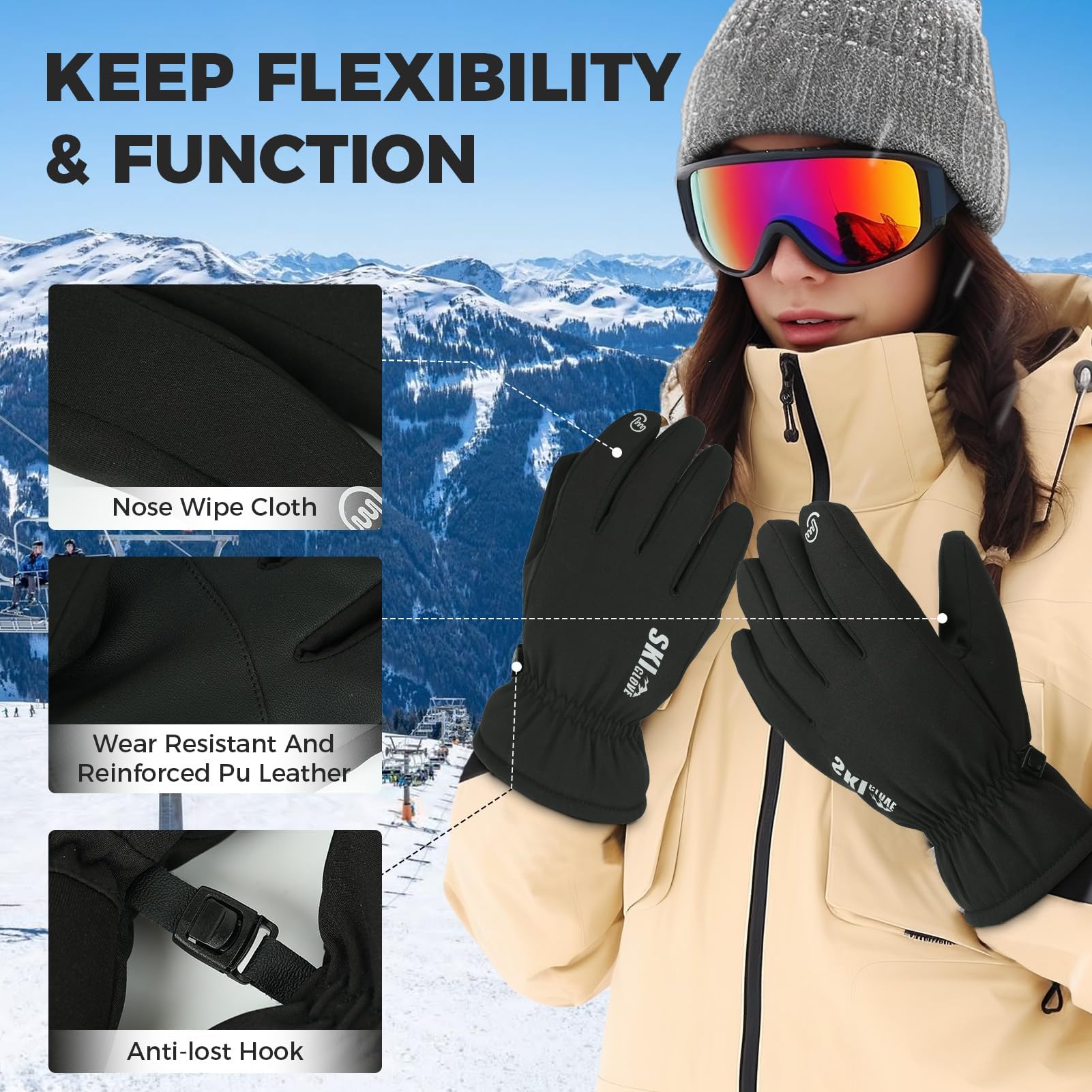 ZENUTA Guantes de invierno impermeables para hombre, guantes de esquí de nieve resistentes al viento, guantes térmicos cálidos transpirables para mujer, guantes de pantalla táctil de 5 dedos para