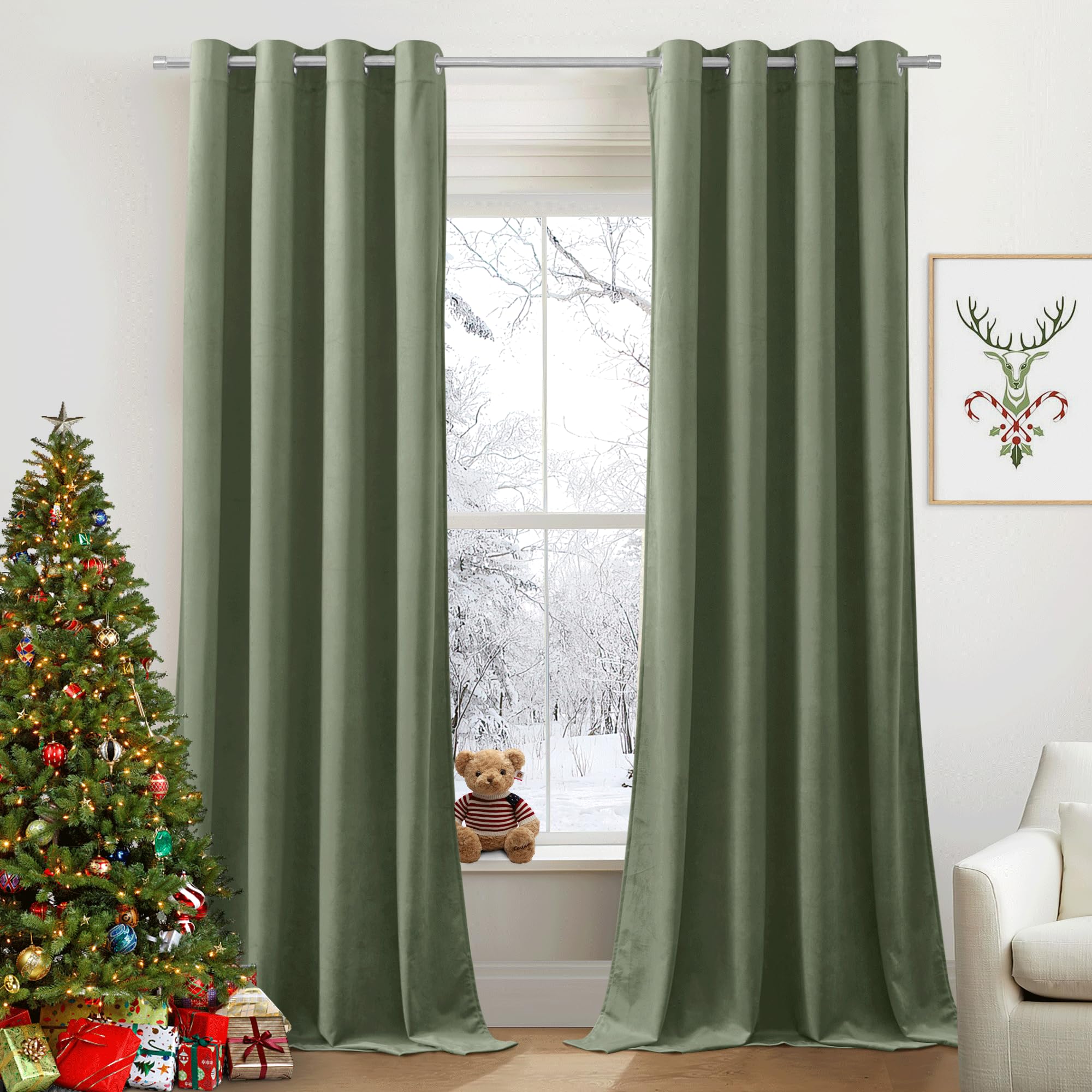 PONY DANCE Cortinas Termicas Aislantes Frio y Calor Cortinas Terciopelo Salon Cortinas Opacas 2 Piezas Cortina Gruesa Cortinas Dormitorio Matrimonio con Ojales (300 g/m2), 132x240 CM, Verde Salvia