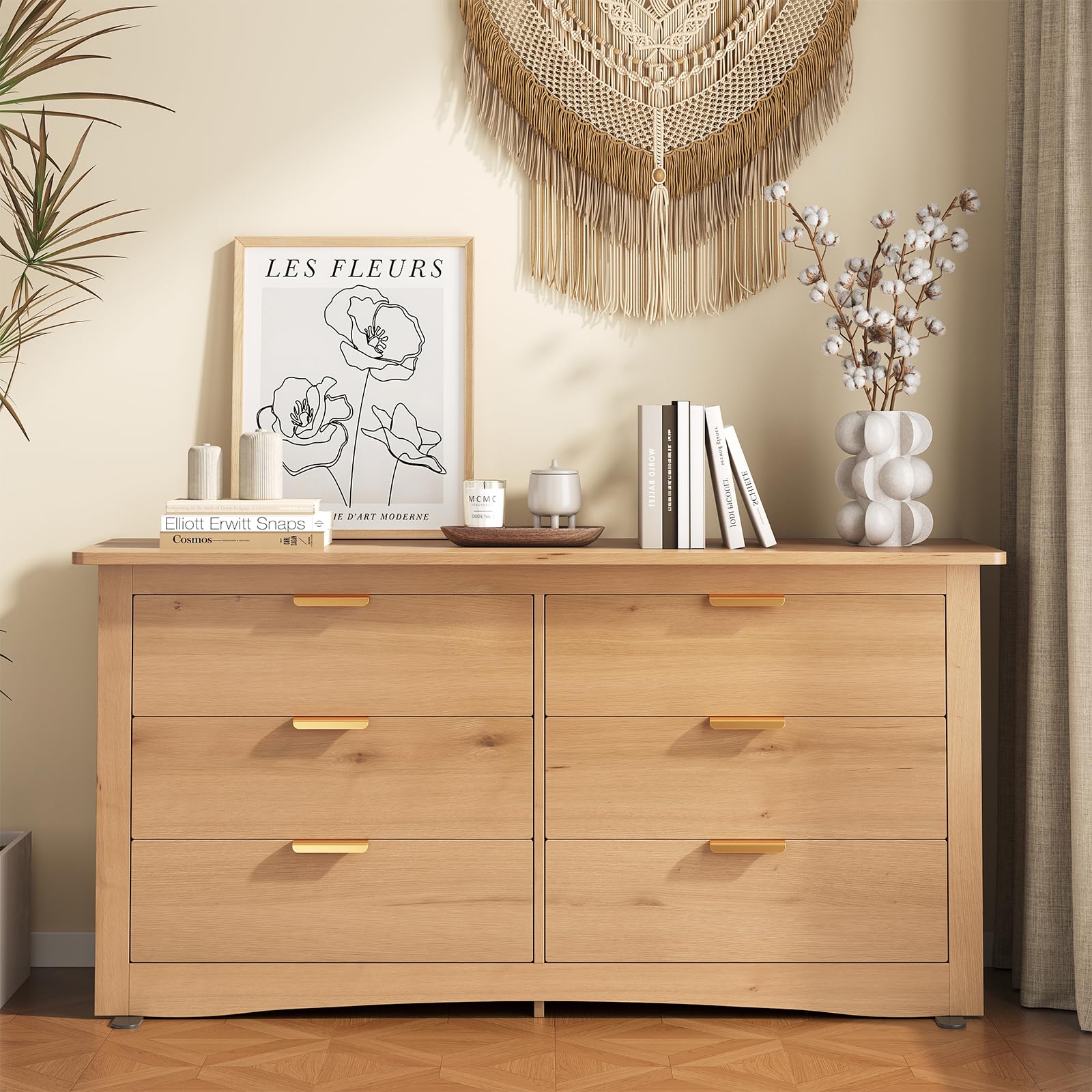 DUMOS 6-Drawer Storage Cabinet, 59 inch wide modern chest of drawers in wood finish