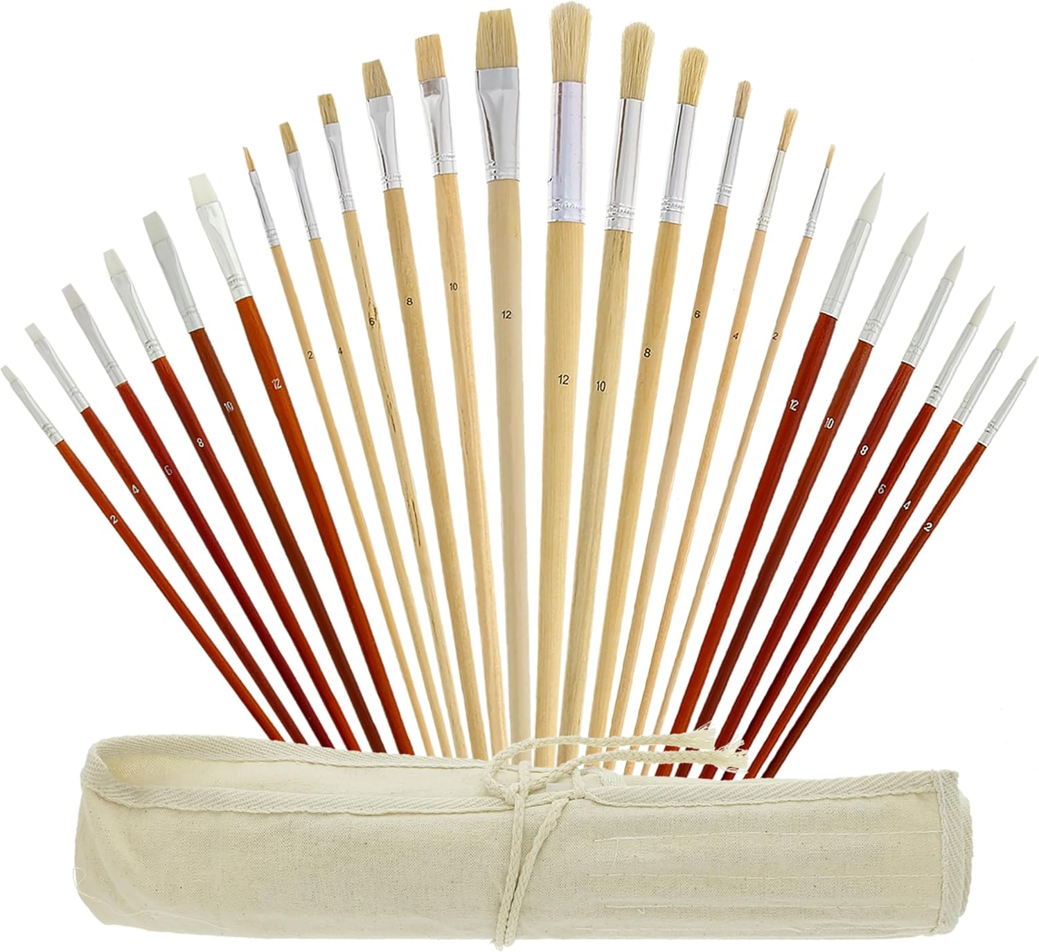 U.S. Art Supply 24-Piece Oil & Acrylic Artist Paint Brush Set with Long Handles, Canvas Brush Organizer Holder Roll-Up - Round, Flat Tips, Use for Painting Portraits, Canvas, Paper - Students, Adults