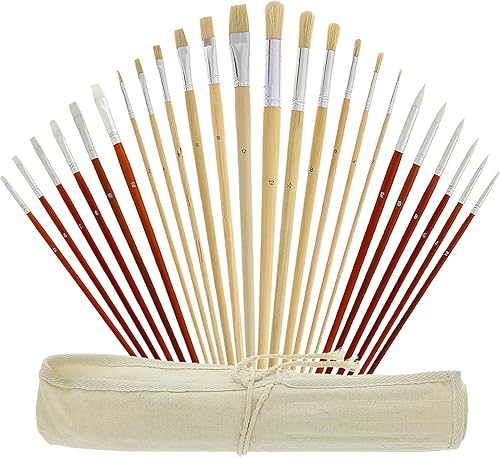 U.S. Art Supply Juego de 24 pinceles de pintura acrílica y al óleo con asas largas, soporte organizador de pinceles de lona, redondo, puntas planas,