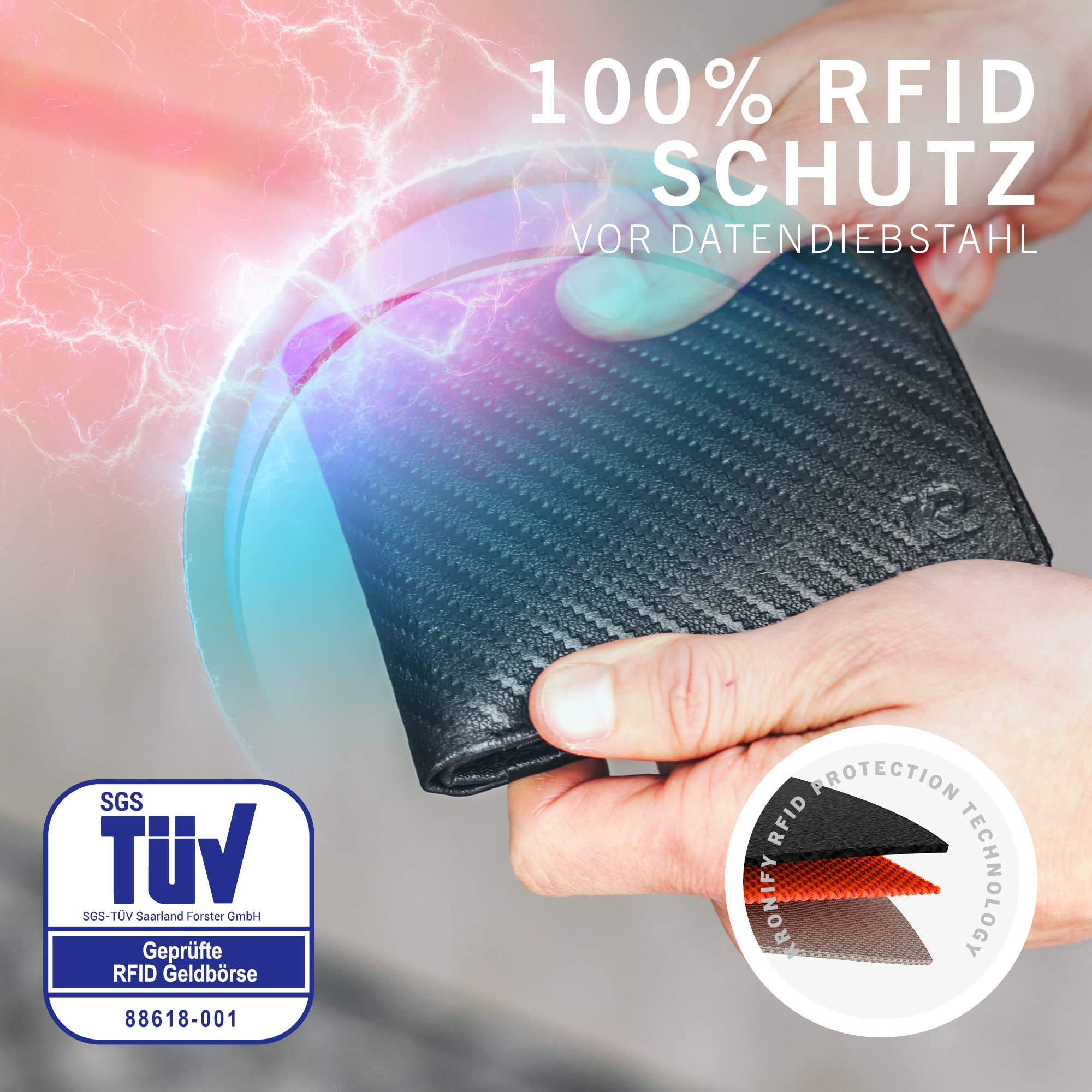 Portefeuille Homme Cuir Veritable - Porte Monnaie Protection RFID avec 13 Porte-Carte Homme Cuir, Poche à Glissière Rangement pour Pièces avec Boîte Cadeau, Carbone