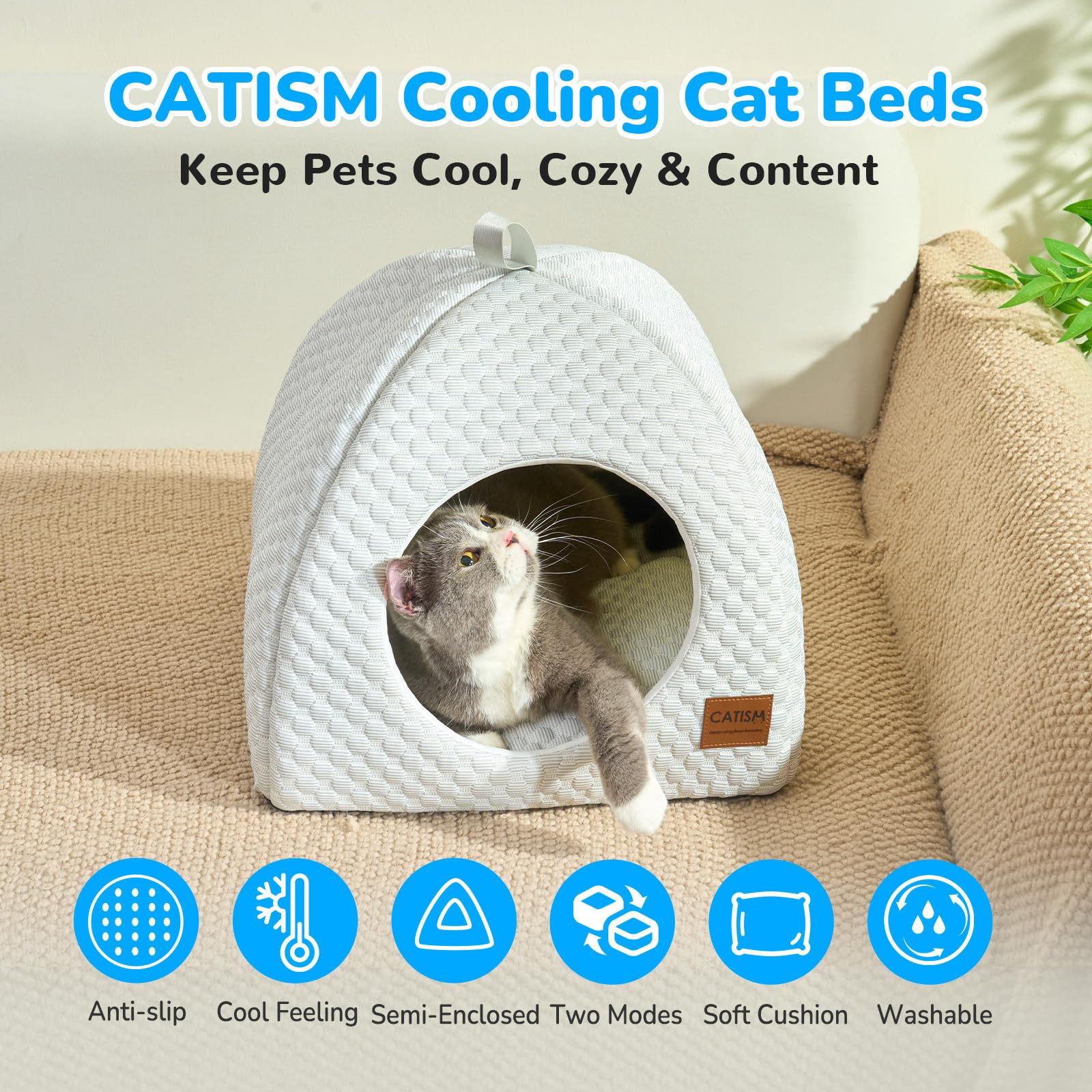 CATISM Niche Rafraîchissante pour Chat | 2 en 1 Lit Rafraichissant Chat d'intérieur Lavable en Machine Pliable avec Tapis Rafraichissant Coussin | Maison pour Chats et Chiot | Blanc Gris
