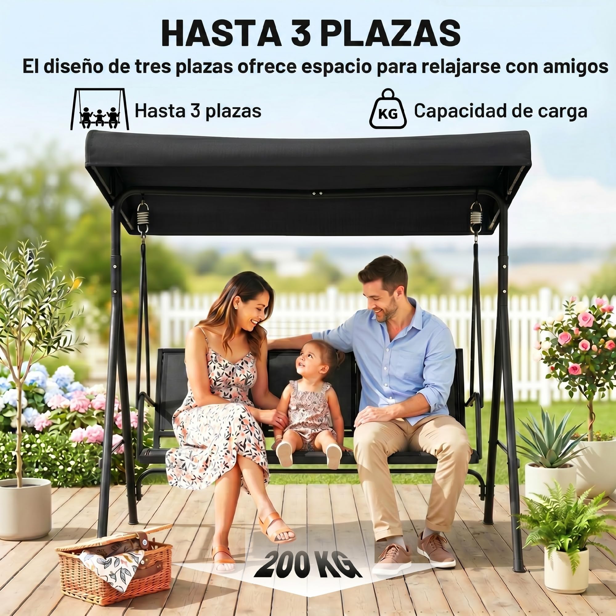 Outsunny Columpio de Jardín Exterior de 3 Plazas con Toldo Reclinable, Balancín de Jardín Exterior con Respaldo Transpirable y Marco de Acero, para Terraza Balcón, 175x118x159 cm, Negro