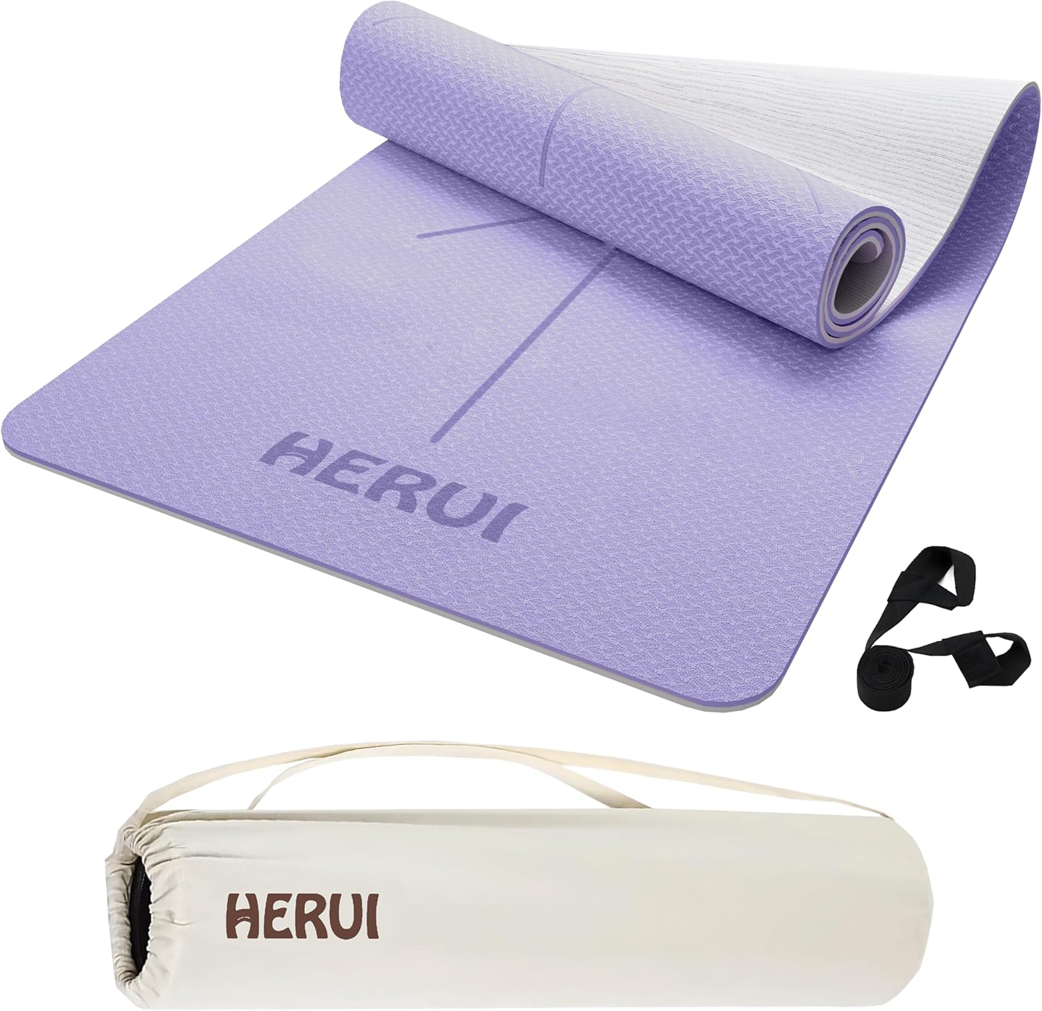HERUI Yoga Mat with Alignment Lines – Anti-Slip TPE Exercise Mat for Yoga & Pilates – 183CM x 61CM x 6MM – Includes Carry Bag, Perfect for Beginners & All Levels