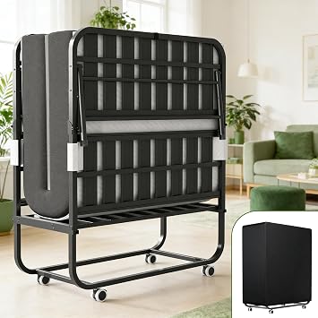 Folding Bed with Mattress for Adults, 75" x 38" Rollaway Guest Bed with 5" Memory Foam and Adjustable Headboard, Heavy-Duty Steel Bed Frame Supports 500LBS, Foldable Bed with Lockable Wheels
