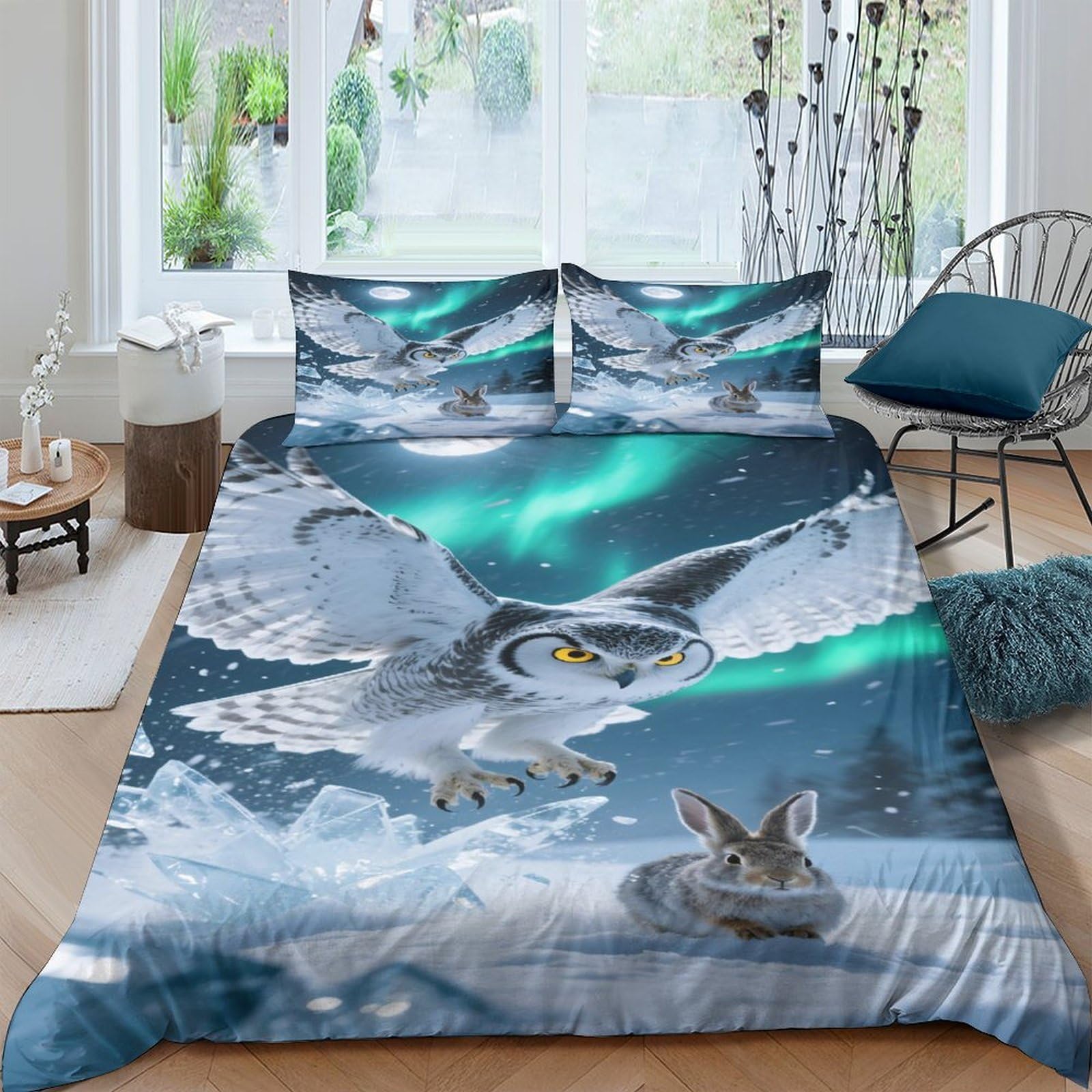 Ctjqhvkz Style-4 3D Printed Northern Lights Owl Fitted Sheet Microfiber Soft Animal Forest Mattress Cover For Bedroom Decor Single（135X200cm）