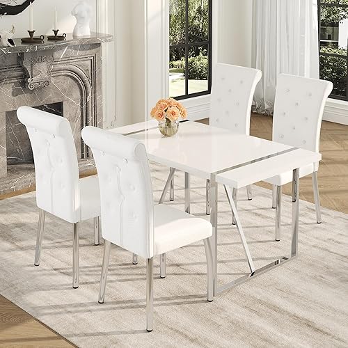 Miniatura 11 de Juego de mesa de comedor blanca de 55 pulgadas para 4, juego de mesa de comedor moderno para 4, mesa blanca brillante con sillas de piel sintética