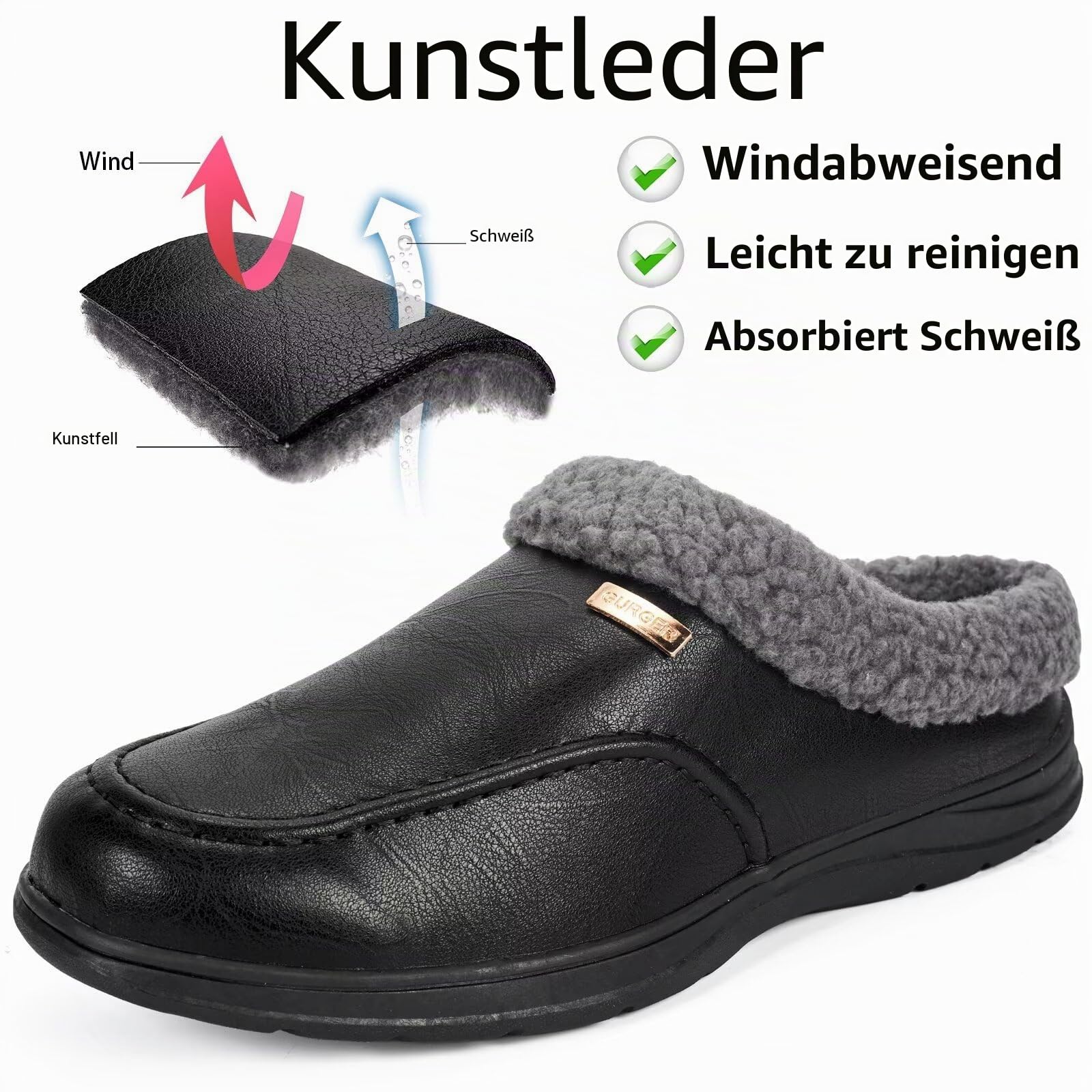 Leder Hausschuhe Herren Warm Plüsch Gefüttert Winter Pantoffeln