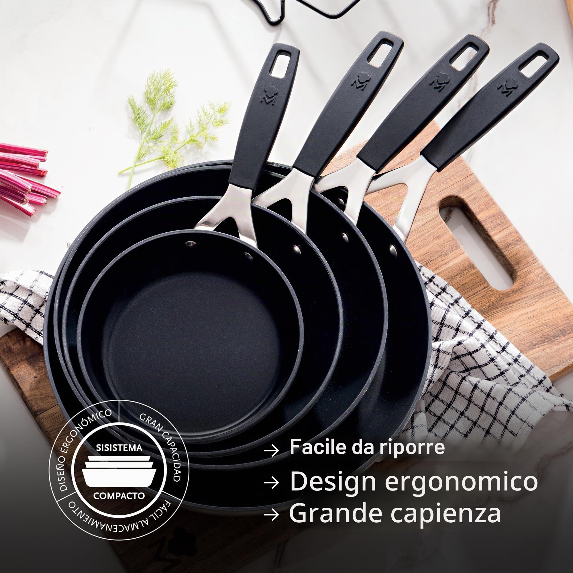 MasterPro Smart | 3 Padelle Antiaderenti di 20, 24 e 28 cm e Wok di 28 cm | Alluminio Forgiato | Manico Ergonomico | Kit di Padelle | Per Tutti i Piani Cottura