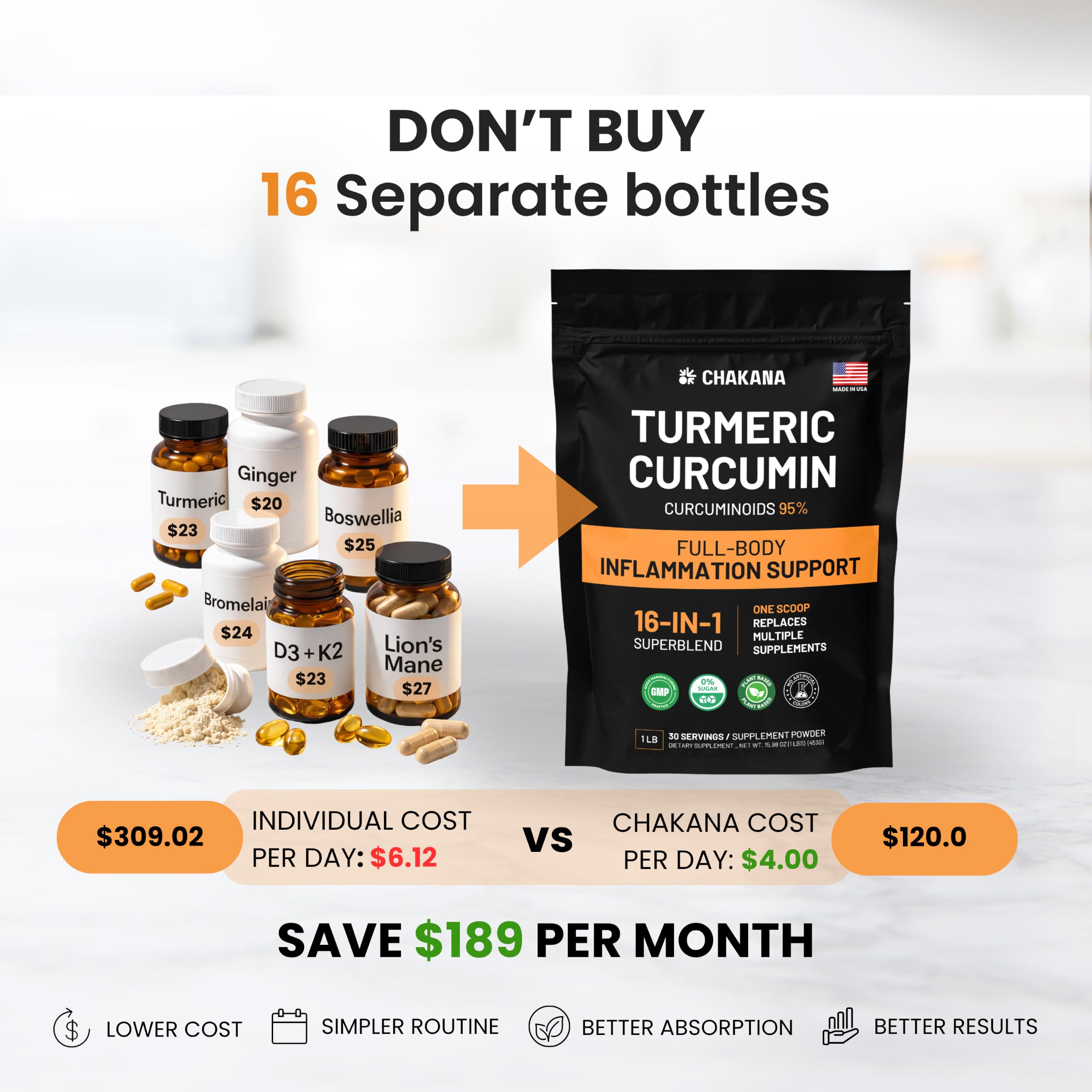 Turmeric Curcumin Supplement Powder for Inflammation Support - 16-in-1 with Ginger, Boswellia & More Replaces Multiple Supplements Joint Comfort, Mobility & Gut Health 1 lb (30 Servings) — Amazon image 2