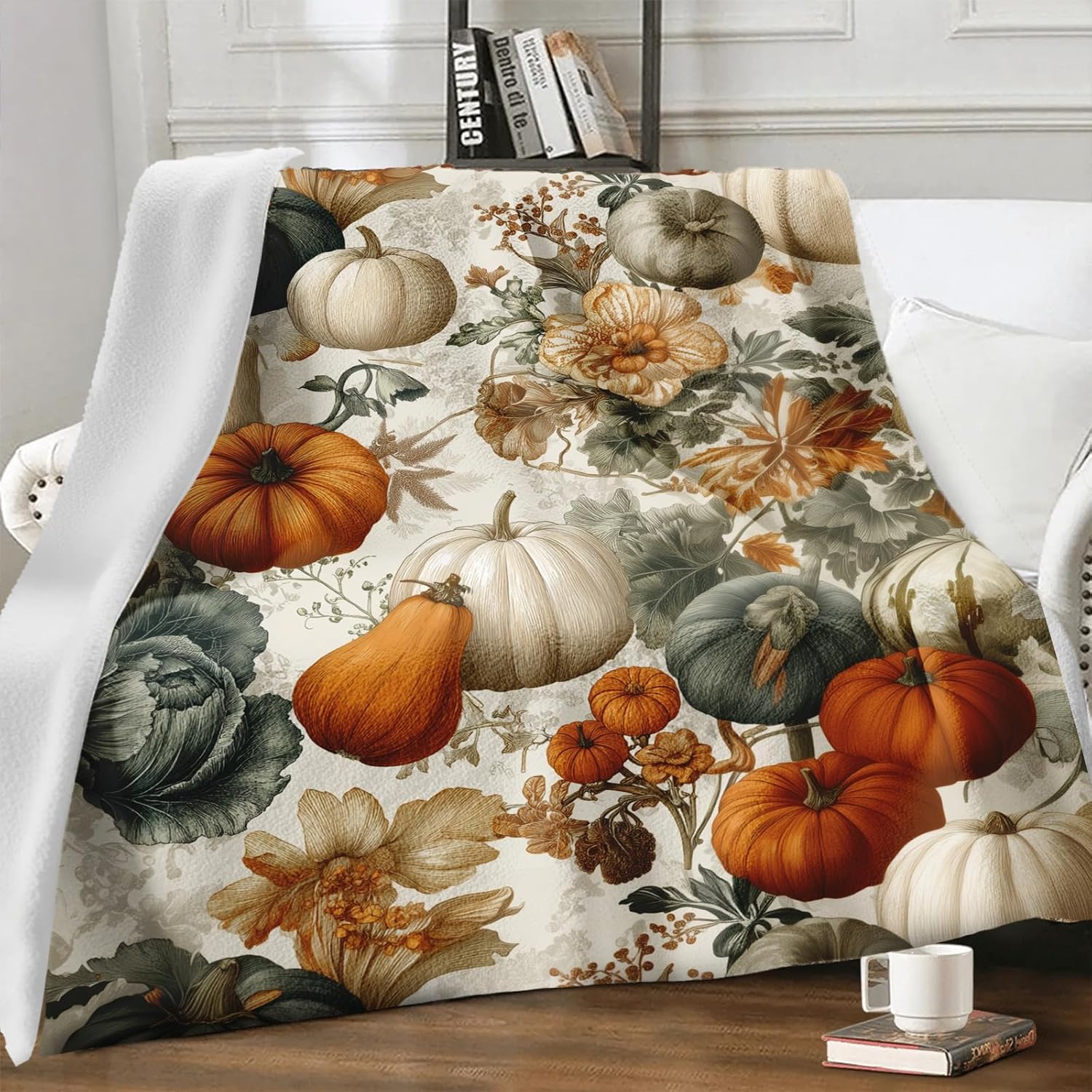 Fall Blanket 50"x60" Autumn Orange White Pumpkins Flower Leaf Throw Blankets Seasons Soft Warm Cozy Lightweight Rustic Harvest Thanksgiving Flannel Throw Blanket for Couch,Bed,Living Room,Dorm,Travel