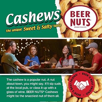 BEER NUTS Cashews - Gourmet Flavorful Sweet and Salty Bar & Pub Roasted Cashews - Kosher, Low Sodium, Gluten Free Healthy Tailgate Food- Travel Size To Go Vending Machine Snack Packs 4oz Bag (12 Pack)
