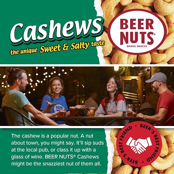 BEER NUTS Cashews - Gourmet Flavorful Sweet and Salty Bar & Pub Roasted Cashews - Kosher, Low Sodium, Gluten Free Healthy Tailgate Food- Travel Size To Go Vending Machine Snack Packs 4oz Bag (12 Pack)