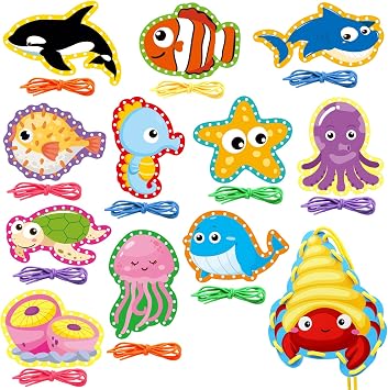 Sea Animals Lacing Cards Sewing Cards For Kids 12 Pack Shark Whale Ocean Theme Party Decor Double Sided Cardboard Lacing Playing Games for Preschool Home Developing Imagination Education Supplies