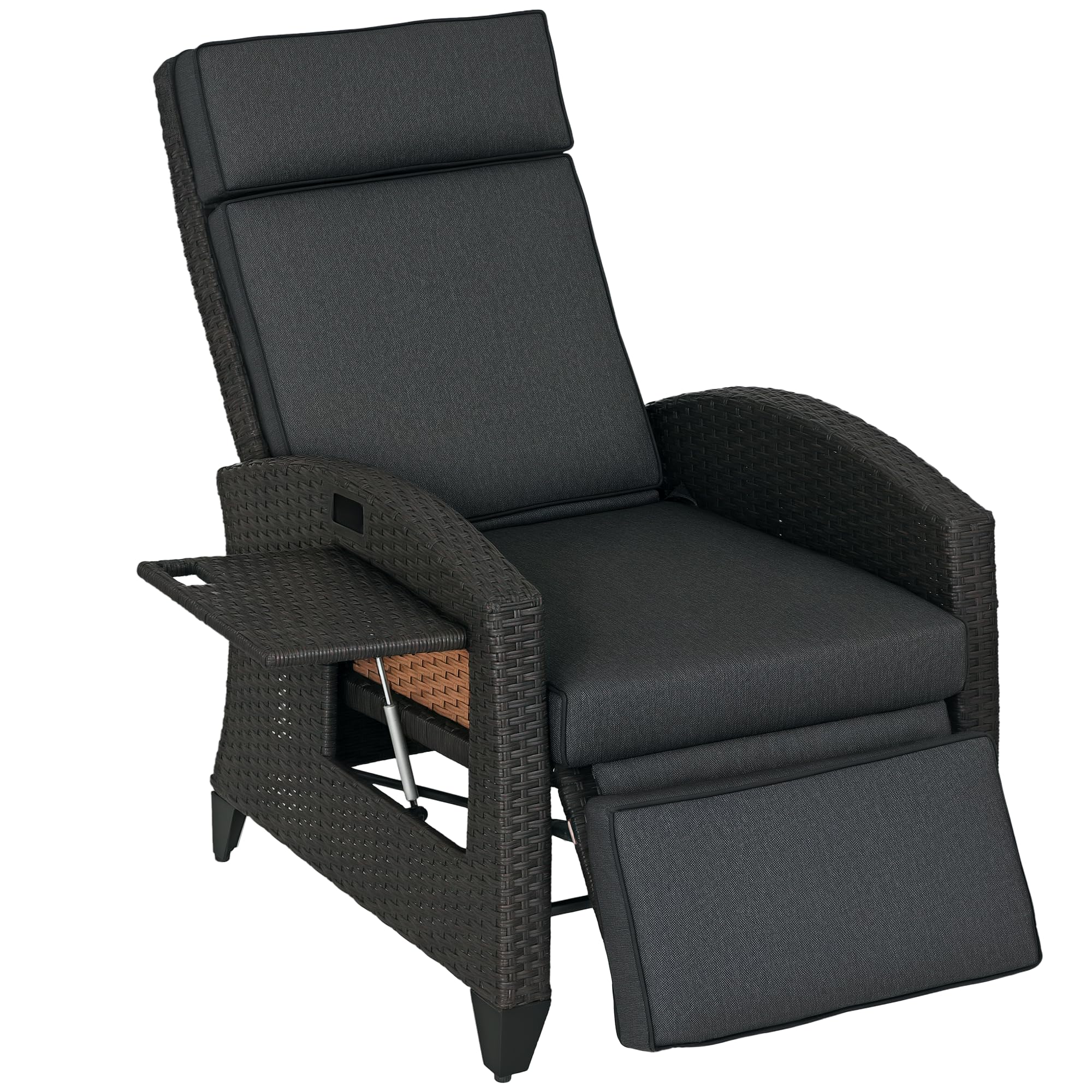 Outsunny Garden Recliner with Cushion, PE Wicker Outdoor Recliner Chair with Adjustable Backrest & Footrest, Rattan Recliner Chair with Armrests and Side Tray for Balcony, Porch, Dark Grey/Brown