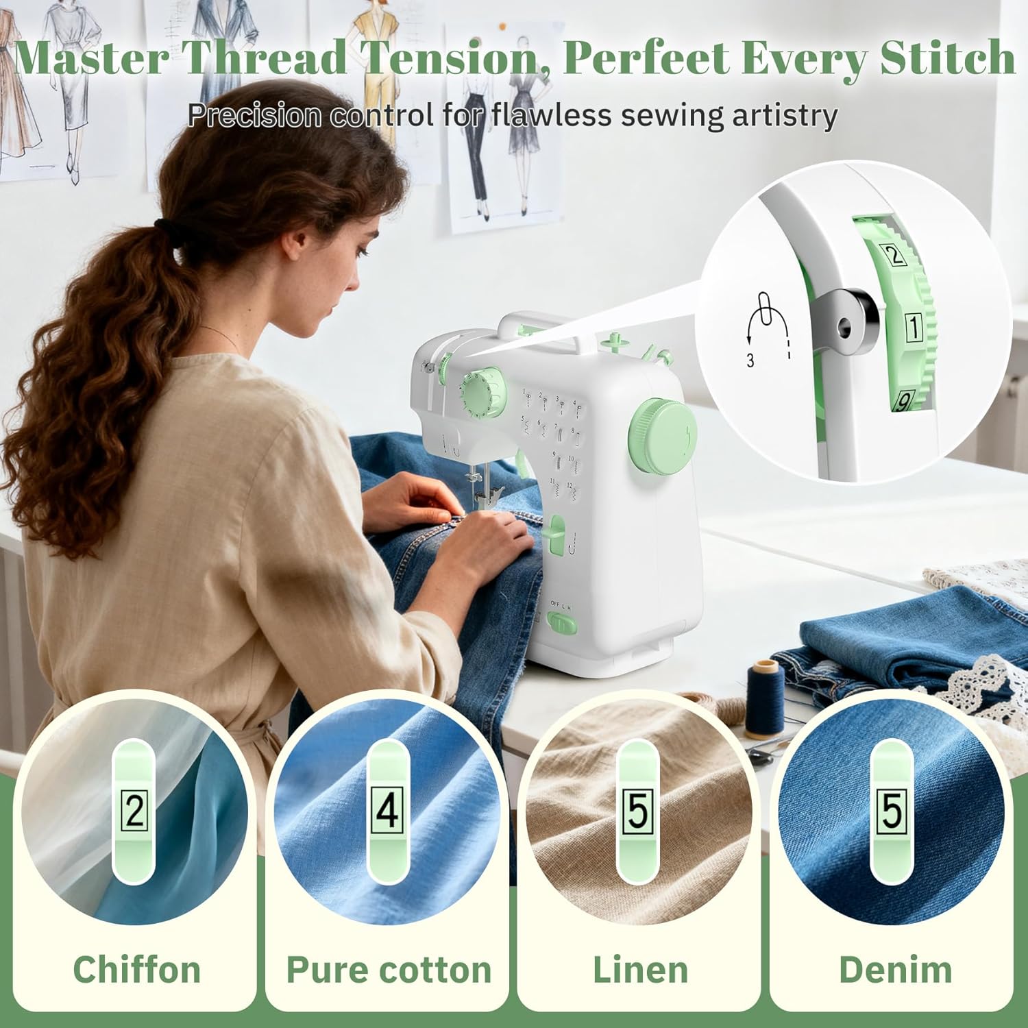 Beginner Sewing Machine, 12 Built-in Stitches with Foot Pedal, 2-Speed Control, Portable Mini Sewing Machine for Home Travel Use & Sewing Enthusiasts (green)