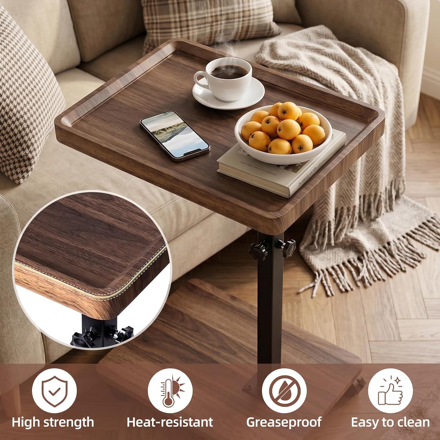 TV Tray Table with Wheels, 360° Swivel Adjustable Height Rolling C Shaped End Table that Slide Under Sofa for Couch Bed, Small Side Table for Living Room Bedroom Small Space (Walnut)