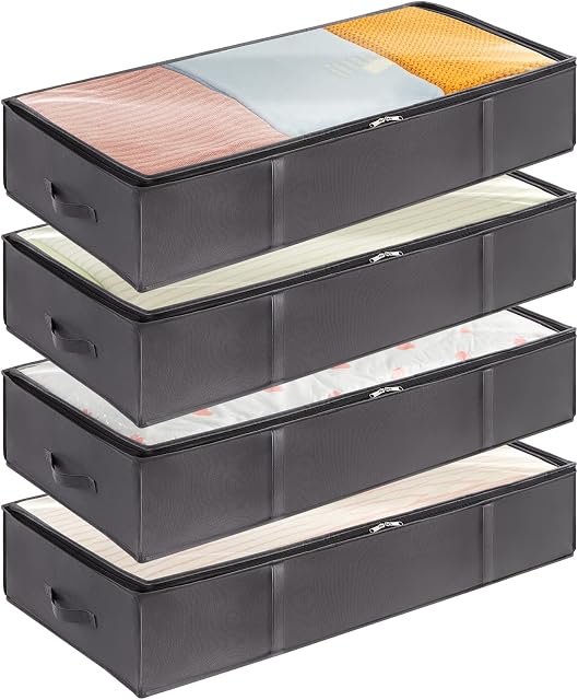 Lifewit 4 Pack 90L Under Bed Storage, Underbed Storage Boxes with lid Clothes Storage Bag Wardrobe Storage Organiser with Reinforced Handle, PVC Window for Duvet, Blanket, Clothing, Shoes, Grey