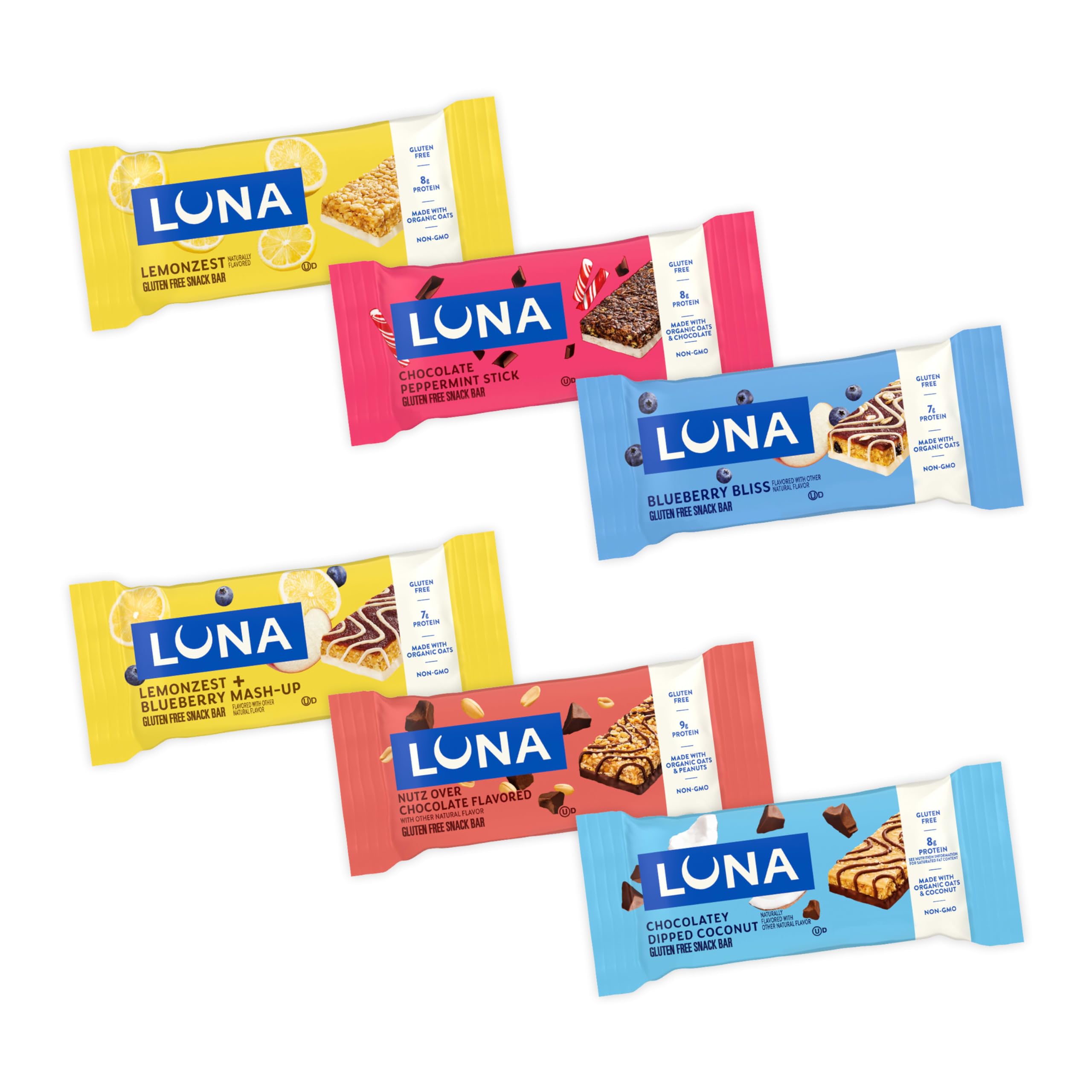 LUNA Bar - Assortiment de 6 saveurs - Barres à collation - Sans OGM - Barres protéinées sans gluten - Fabriquées avec de l'avoine biologique (lot de 12)