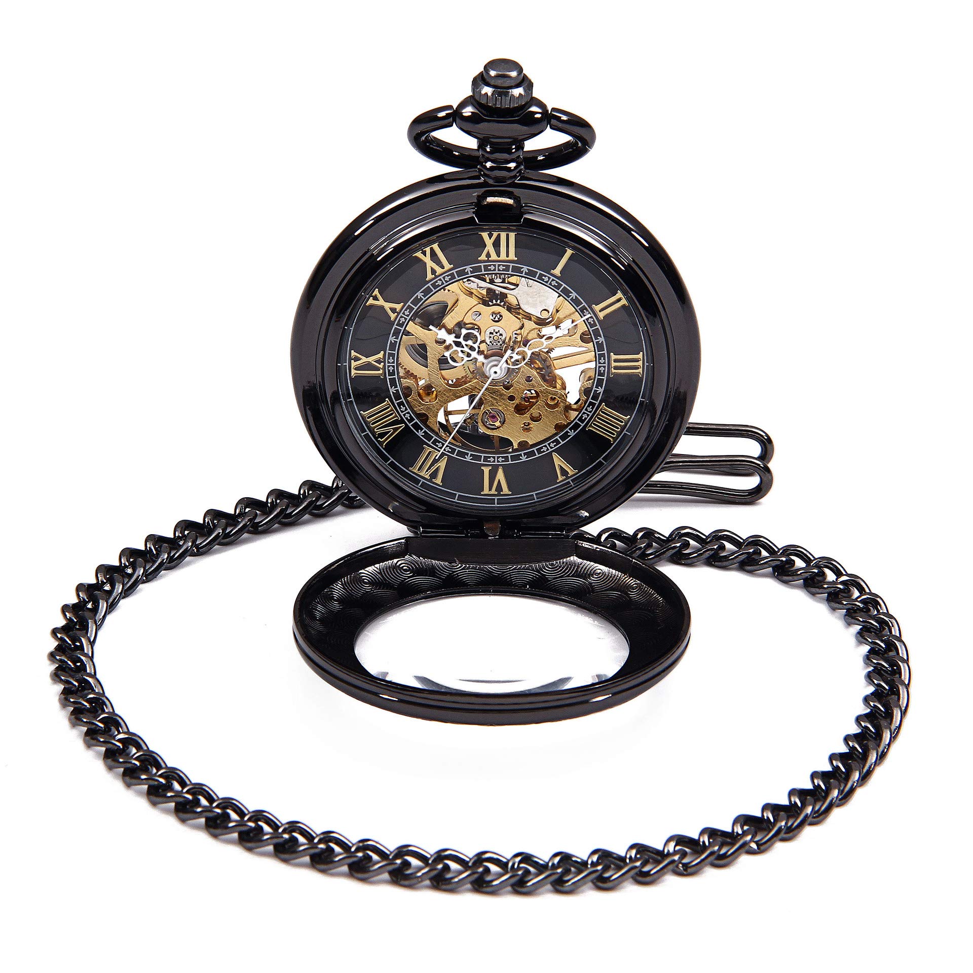 Steampunk Vintage Roman Litery Design Case Mechaniczny zegarek kieszonkowy z łańcuszkami na prezenty świąteczne, Czarny
