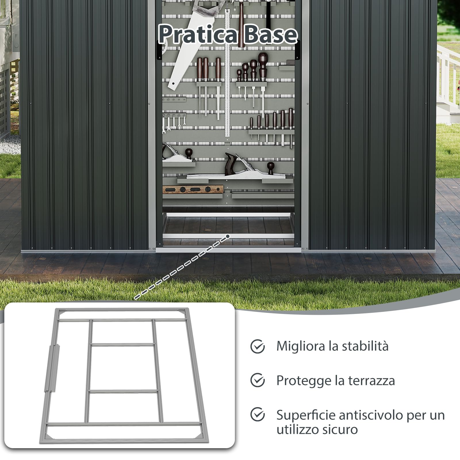 COSTWAY Casetta da Giardino 3,66㎡, Capanno da Esterno con Tetto Spiovente e Porte Scorrevoli, 4 Prese d'Aria e Base, in Metallo Zincato Resistente alle Intemperie, 235 x 171 x 196 cm