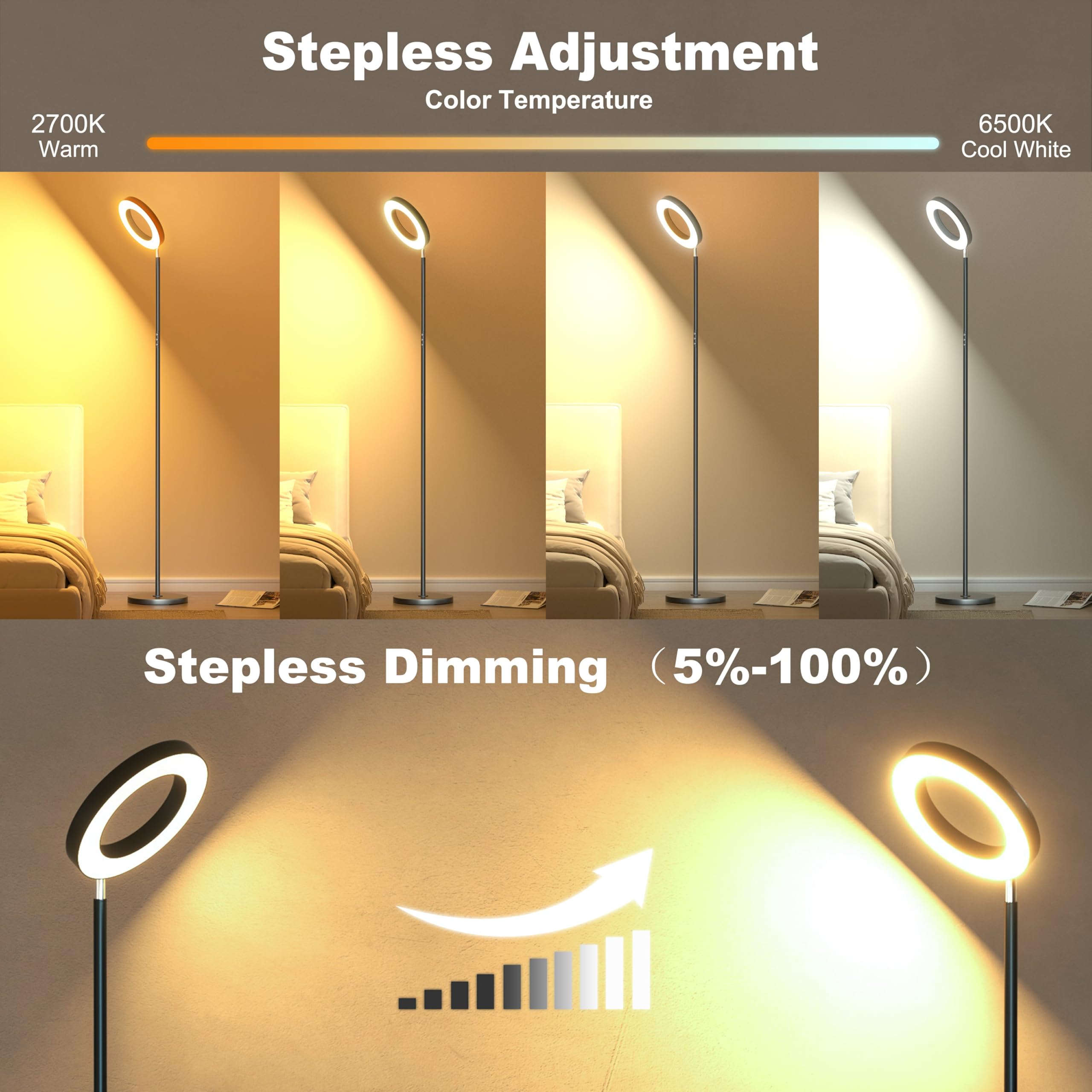 Lampa podłogowa RGB LED, 42 W możliwość ściemniania i zmiany kolorów 2700K-6500K, pilot zdalnego sterowania, sterowanie dotykowe i timer, wysoka lampa podłogowa do salonu, sypialni, biura