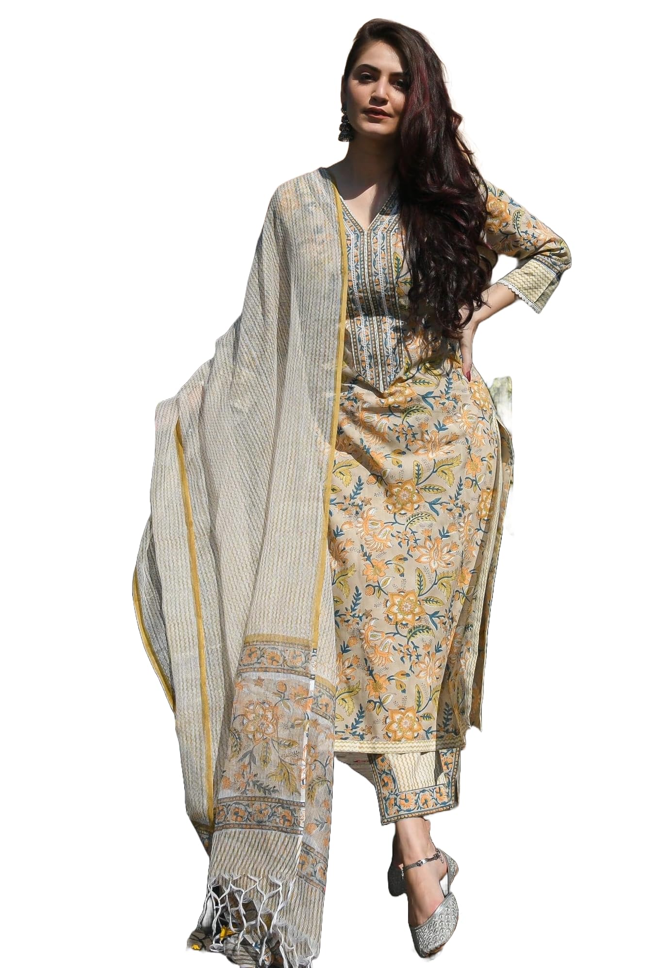 Nermosa Women Printed Straight Kurta And Pant Set With Dupatta (In, Alpha, S, Mustard)