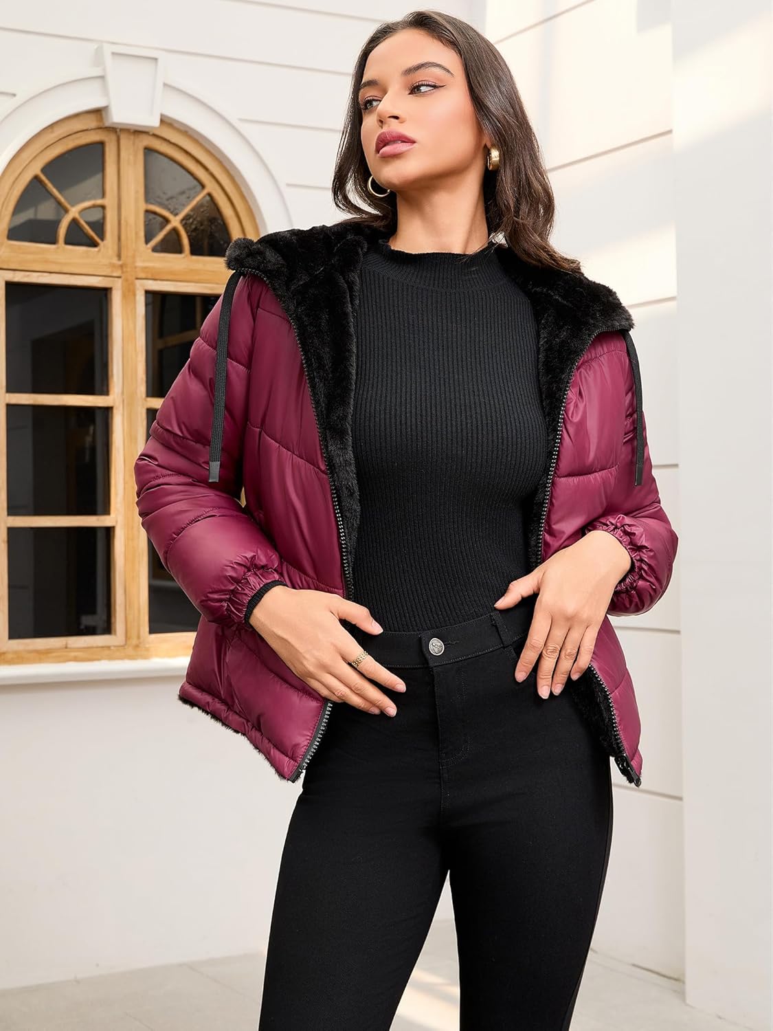 Women's Heavyweight Quilted Puffer Jacket Warm Sherpa Lined Reversible Winter Short Coat for Winter - Image 4