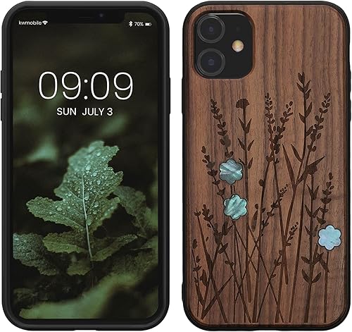 kwmobile Funda de madera compatible con Apple iPhone 11, diseño de flores silvestres, color marrón oscuro