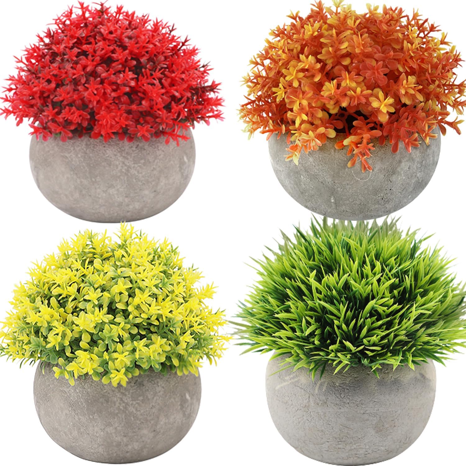 Gluckluz Artificial Potted Plants Mini Fake Topiary Shrub Plants Set Small Faux Plastic Bonsai Greenery with Paper Pulp Pot for Home Office Desktop Bookshelf Balcony Outdoor Indoor Decor (4 Packs)