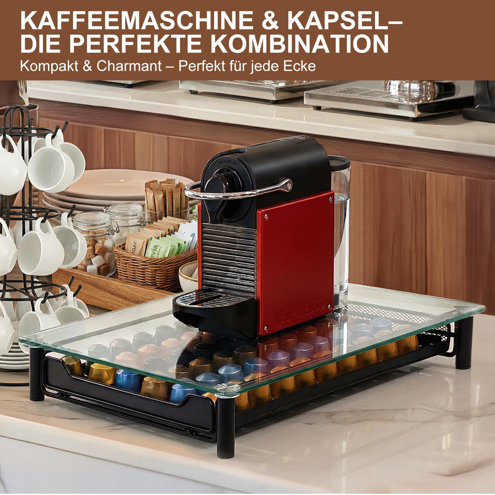 Zvonema Support de capsules Nespresso transparent pour 60 capsules de café, rangement en verre et métal, design extensible, robuste