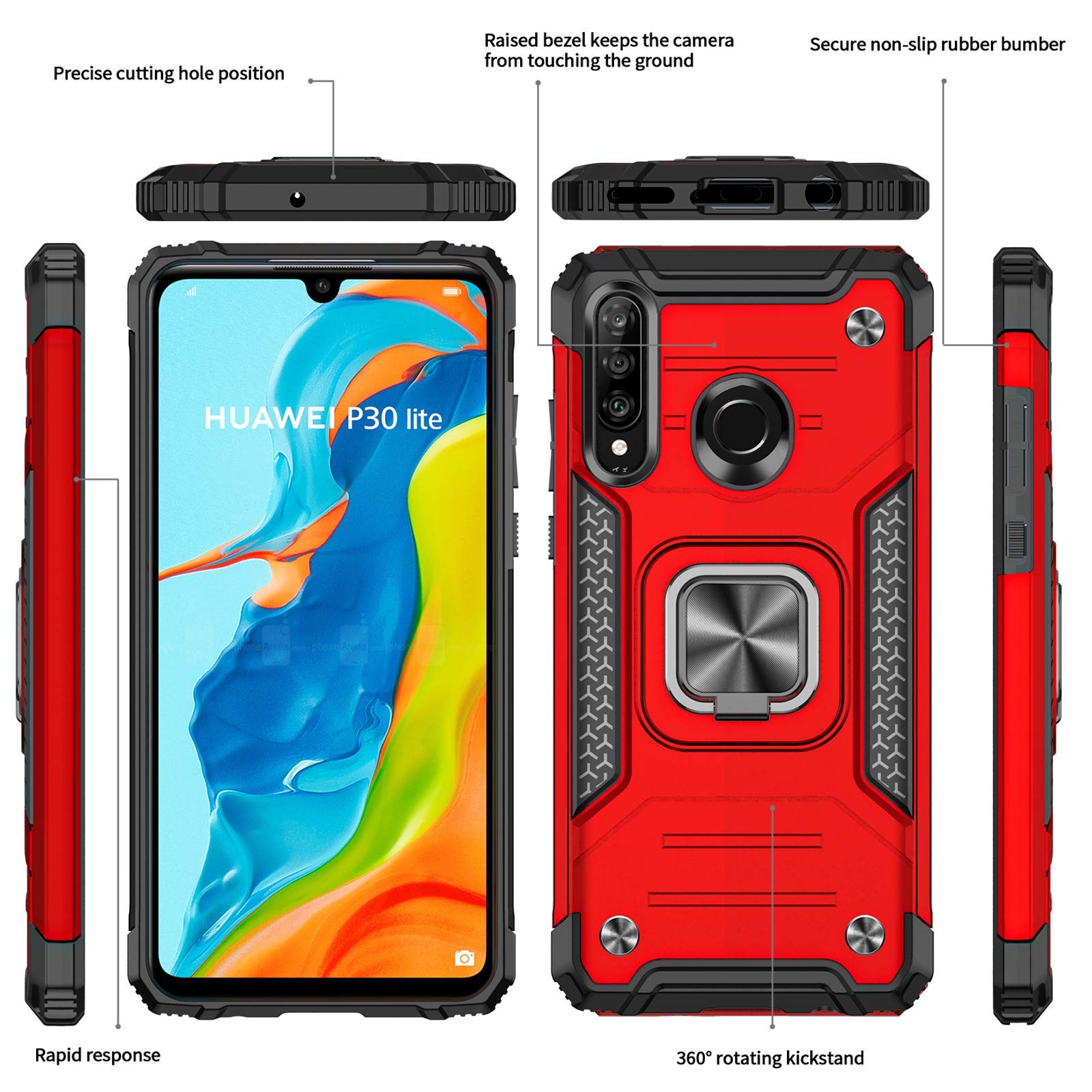LeYi Cover Per Huawei P30 Lite Con Anello Magnetico 360° - Custodia Militare In TPU + 2 Pellicole Vetro Temperato, Colore Argento, Supporto Auto Magnetico - 2