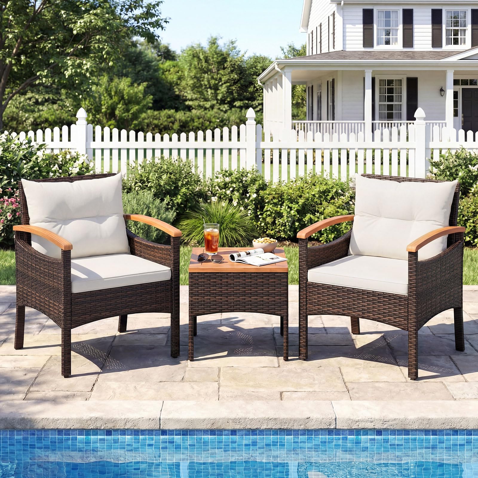 COSTWAY Conjunto Terraza 3 Piezas, Conjunto de Muebles Ratán de jardín, Mesa de Café, 2 Sillas de Ratón con Cojín Desmontable y Respaldo, Madera de Acacia para Patio, Piscina, Balcón (Blanco)