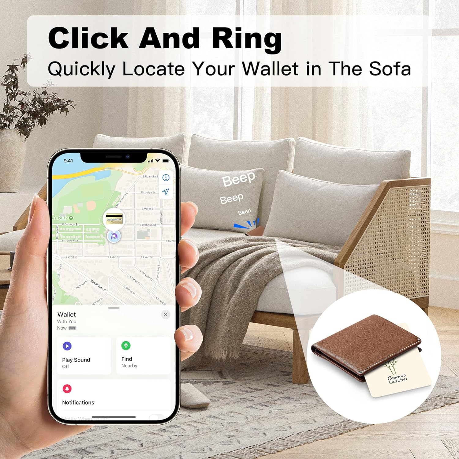 Wallet Tracker Card – Slim Bluetooth Tracker, IP68 Waterproof, Rechargeable Wireless Locator for Wallets, Luggage & Passports Compatible with Find My on iPhone (October Flowers)