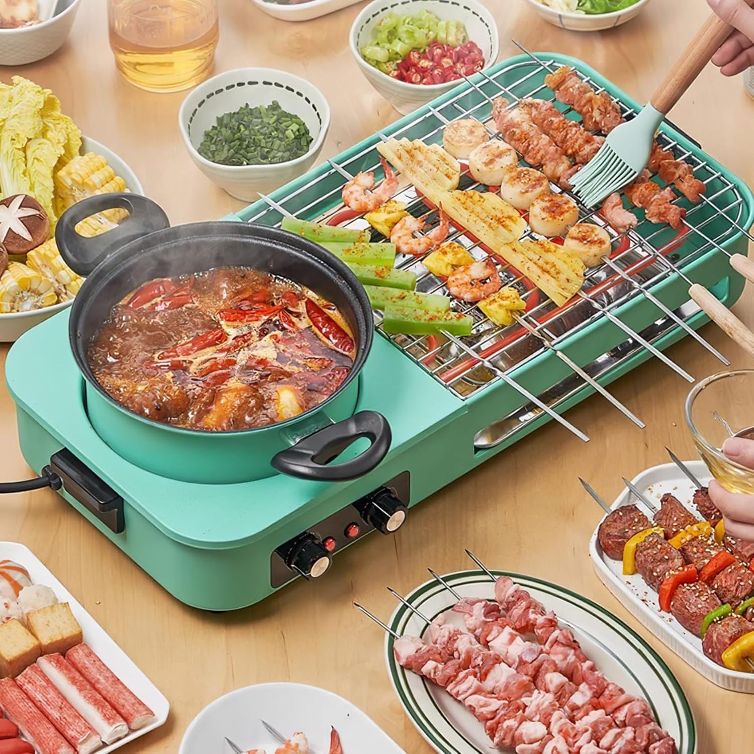 Grill and Hot Pot Combo for Indoor Cooking-1600W fast and uniform heating, independent dual temperature control (284 ℉ -500 ℉), suitable for 3-5 people dining together