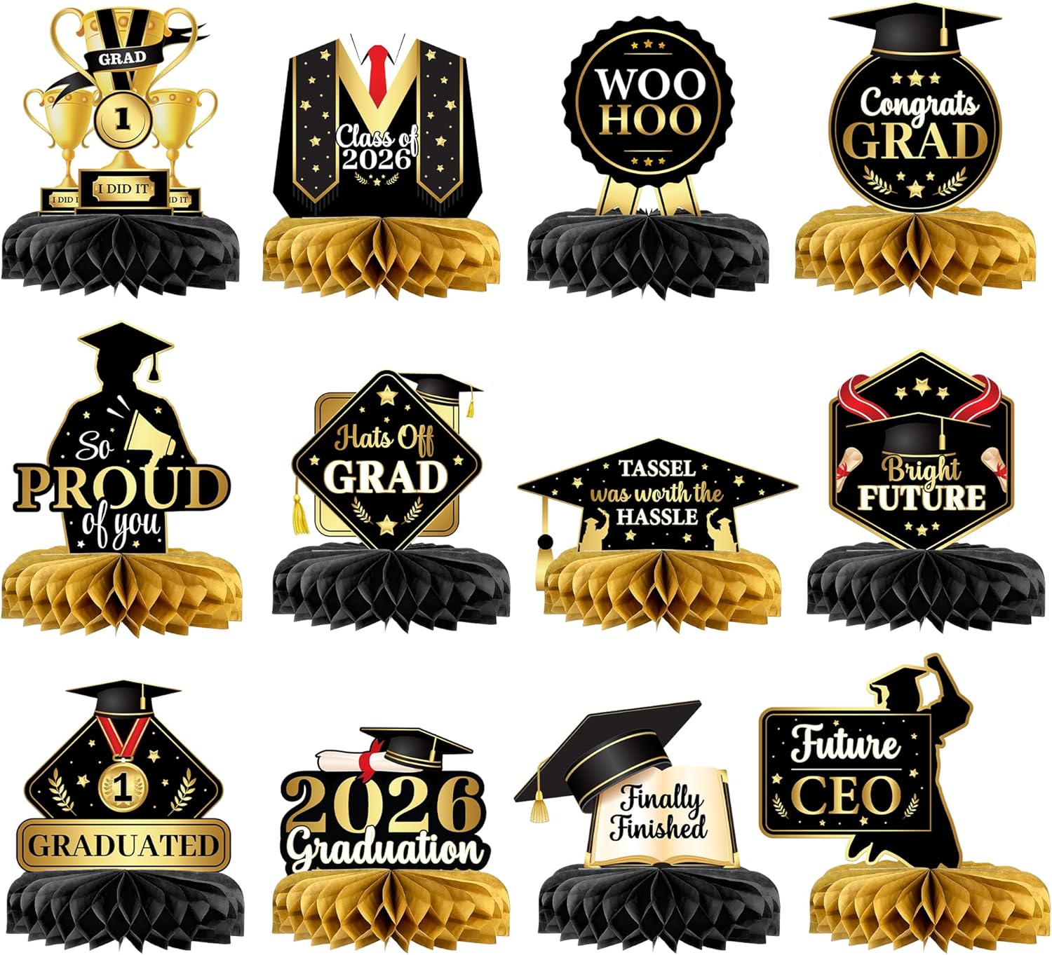 KatchOn, Black and Gold Graduation Centerpieces 2026 - Pack of 12 | Congrats Grad Honeycomb Centerpieces | Graduation Centerpieces For Tables 2026 | 2026 Graduation Decorations, Graduation Party Decor