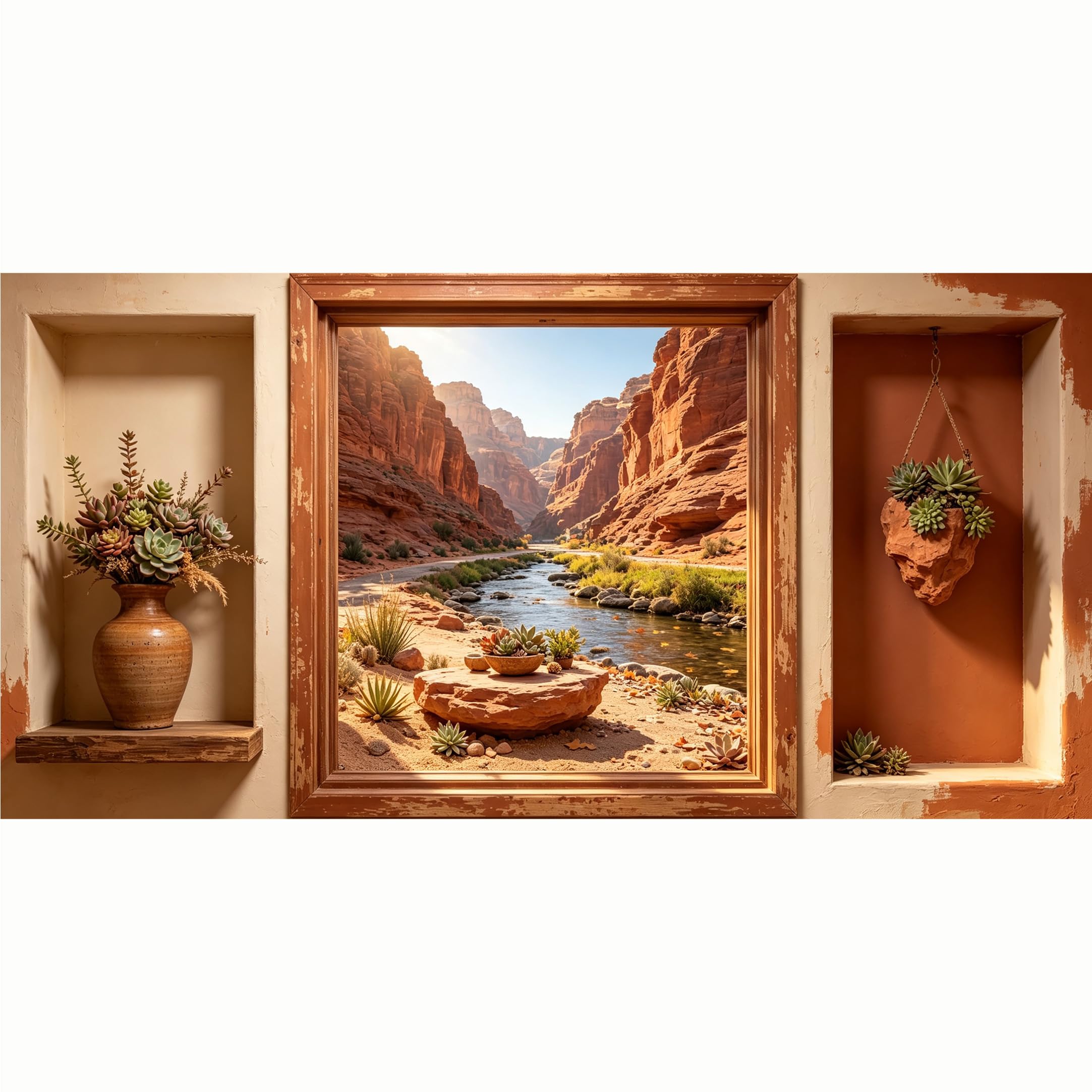 QZLITHOTIC 50x100cm 3D Framed Wall Art， Canyon River Succulent Landscape SelfAdhesive Mural， WaterActivated Peel & Stick Fabric Decor Wall Decal for Bedroom Living Room