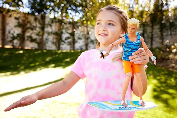 Ken Beach Doll with Theme Suitable Accessories such as Barbie Surfboard, Bendable Blonde Barbie, Towel, HPT50