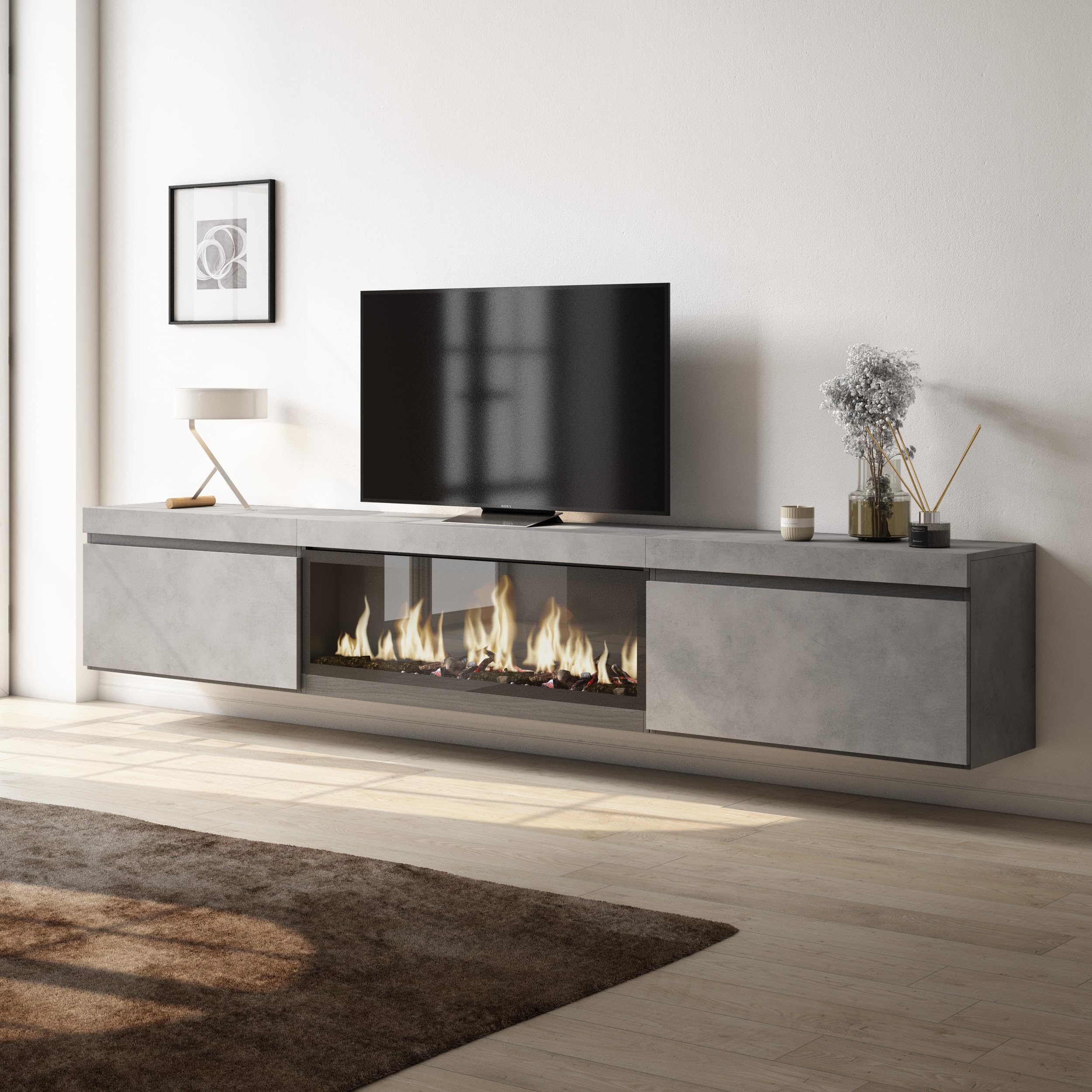Meuble TV Skraut Home - 267x57x35cm - Chêne Et Noir - Cheminée électrique LED - Style Industriel