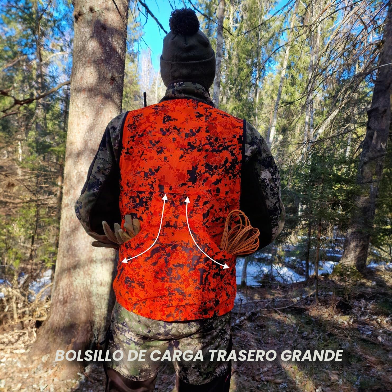 Blaze Camo Naranja Chaleco de Caza Caza Chaleco Ligero de Seguridad con Múltiples Bolsillos para Adultos Unisex