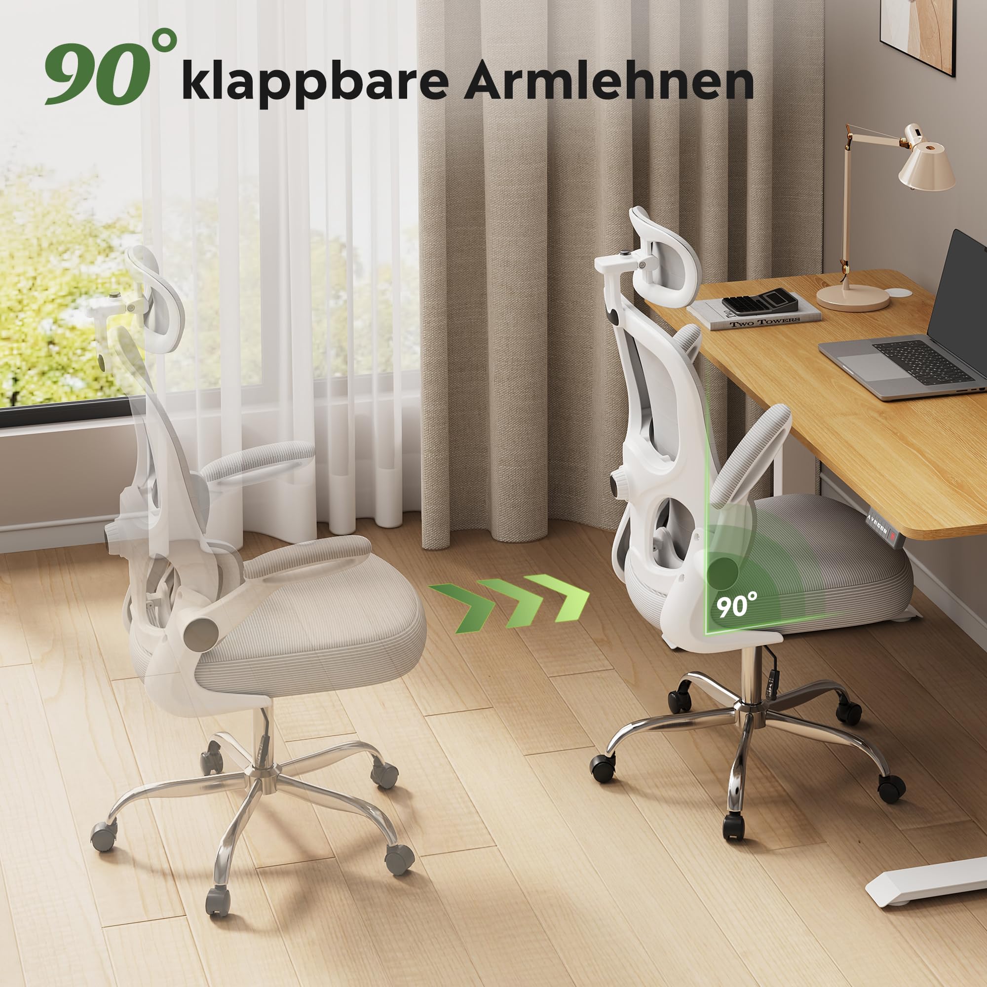DEVAISE Bürostuhl Ergonomisch, Schreibtischstuhl mit Lendenwirbelstütze, 3D-Kopfstütze, 90° Klappbaren Armlehnen und Atmungsaktivem Netzrücken, Wippfunktion für Büro & Homeoffice, bis 150kg