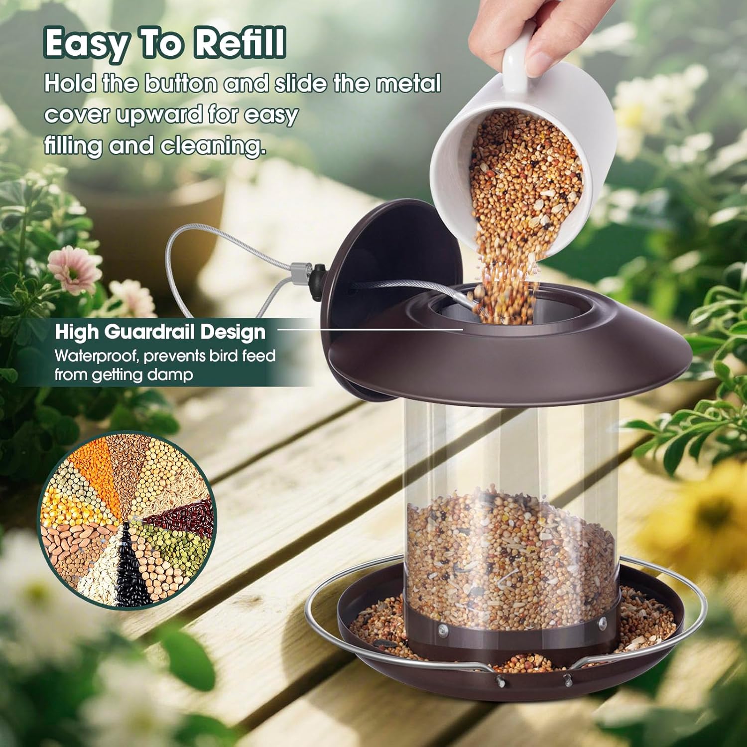 Metal Bird Feeders for Outdoors, Hanging Metal Roof Bird Feeder with 3lb Clear Tube Seed Capacity for Viewing Cardinal Finch, Wild Birdfeeders for Outside Garden Yard Decoration