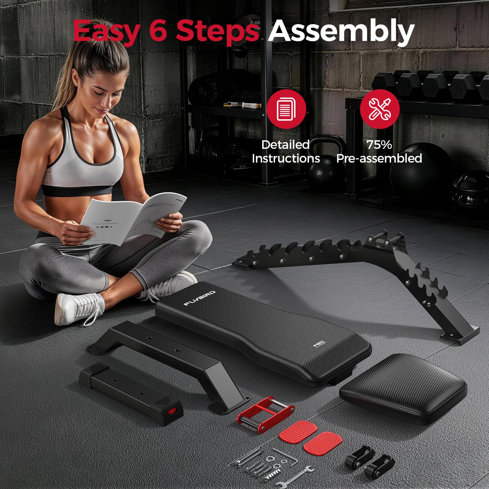 WB7 Weight Bench, 1300LBS Commercial Adjustable Weight Bench, Workout Bench for Home Gym, Flat Incline Bench Press Heavy Duty Bench with 34'' Extra-Long Backrest and Easy-Roll Wheels