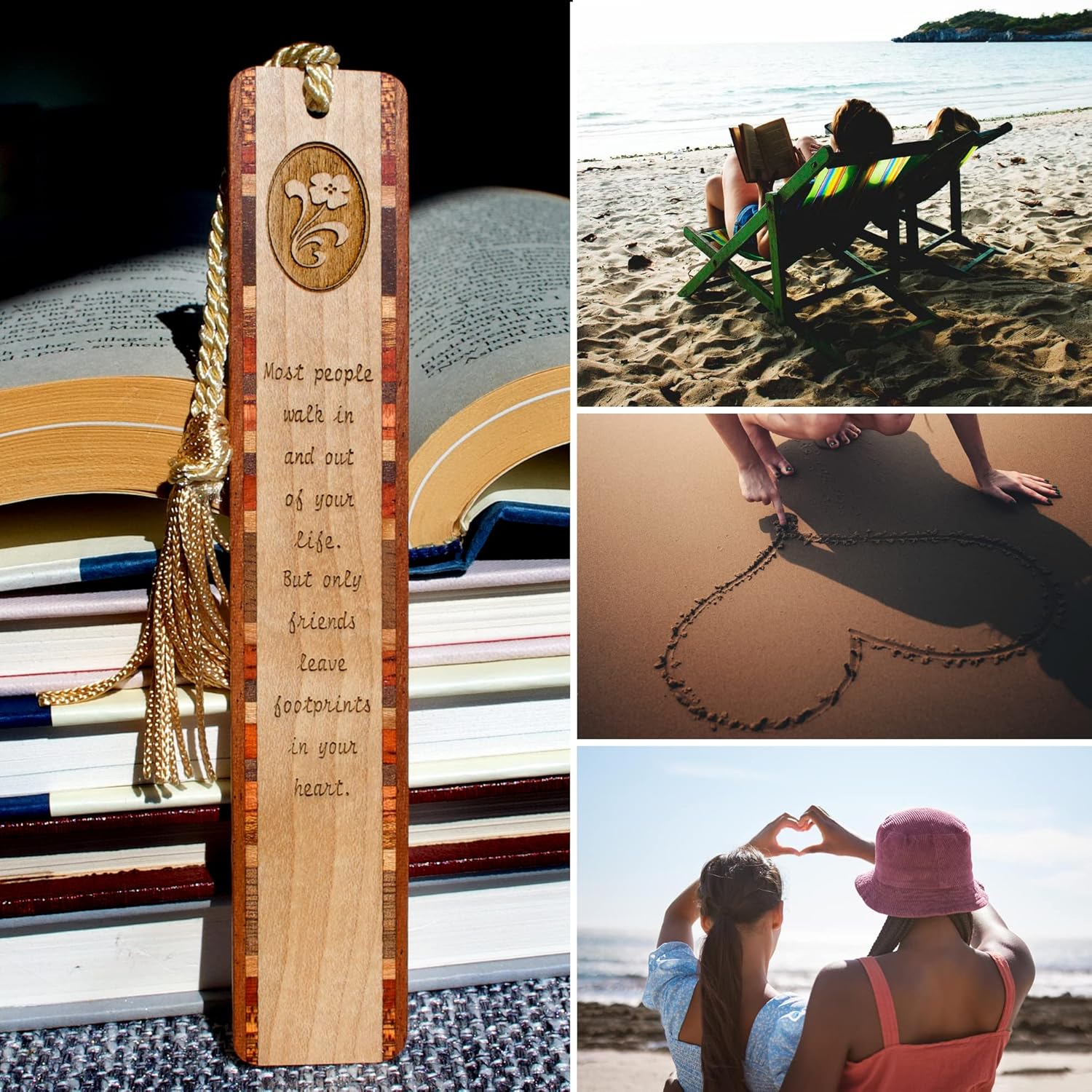Personalized Friends Leave Footprints in Your Heart Quote, Engraved Wooden Bookmark - Made in USA - Also Available Without Personalization