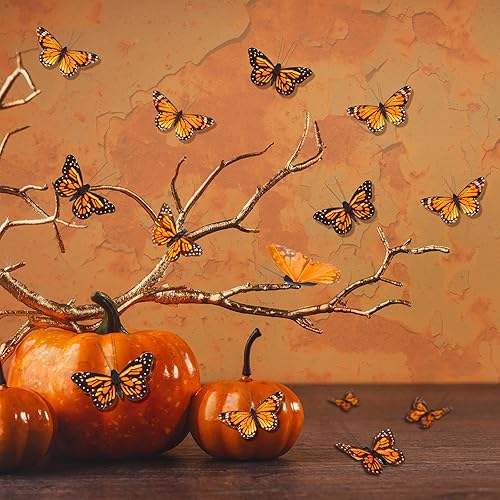 Miniatura 3 de Ysleen Juego de 12 decoraciones de mariposa monarca, mariposas de plumas, selecciones de mariposas para arreglos florales de primavera, mariposa en