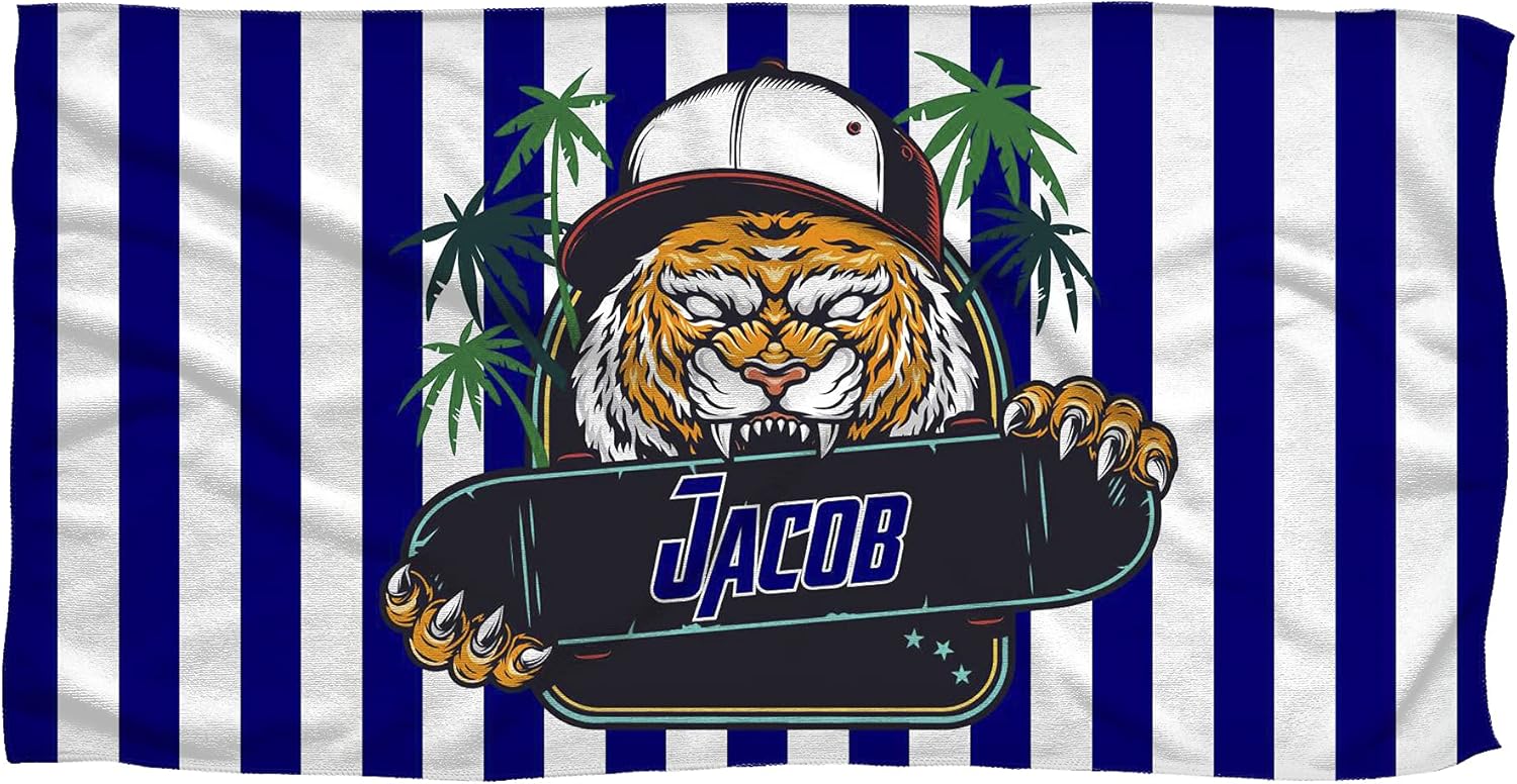 Factory4me Animal Print Striped Beach Towel 30x60, Tiger Print, Sand-Resistant, Quick-Drying, Personalized with Name