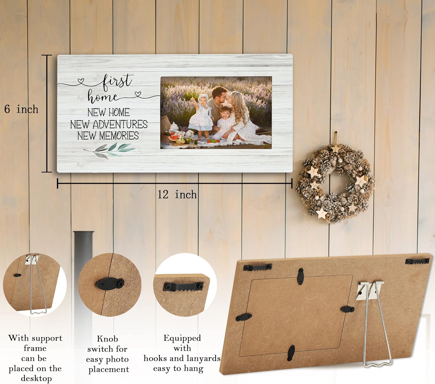 SRADMO First Home New Home Picture Frame,Housewarming 12×6 inch Wooden Tabletop Photo Frame For New Home,Housewarming Party Decor,Unique First Time House Owner Gifts for Men and Women - Image 6